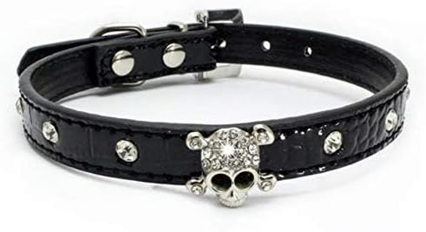 Haoyueer Cute Dazzling Sparkling Elegant Fancy Skull Diamond Crystal Rhinestone Leather Small Pet Dog Cat Collar Puppy &hellip; (M, Black) - Red image number 3