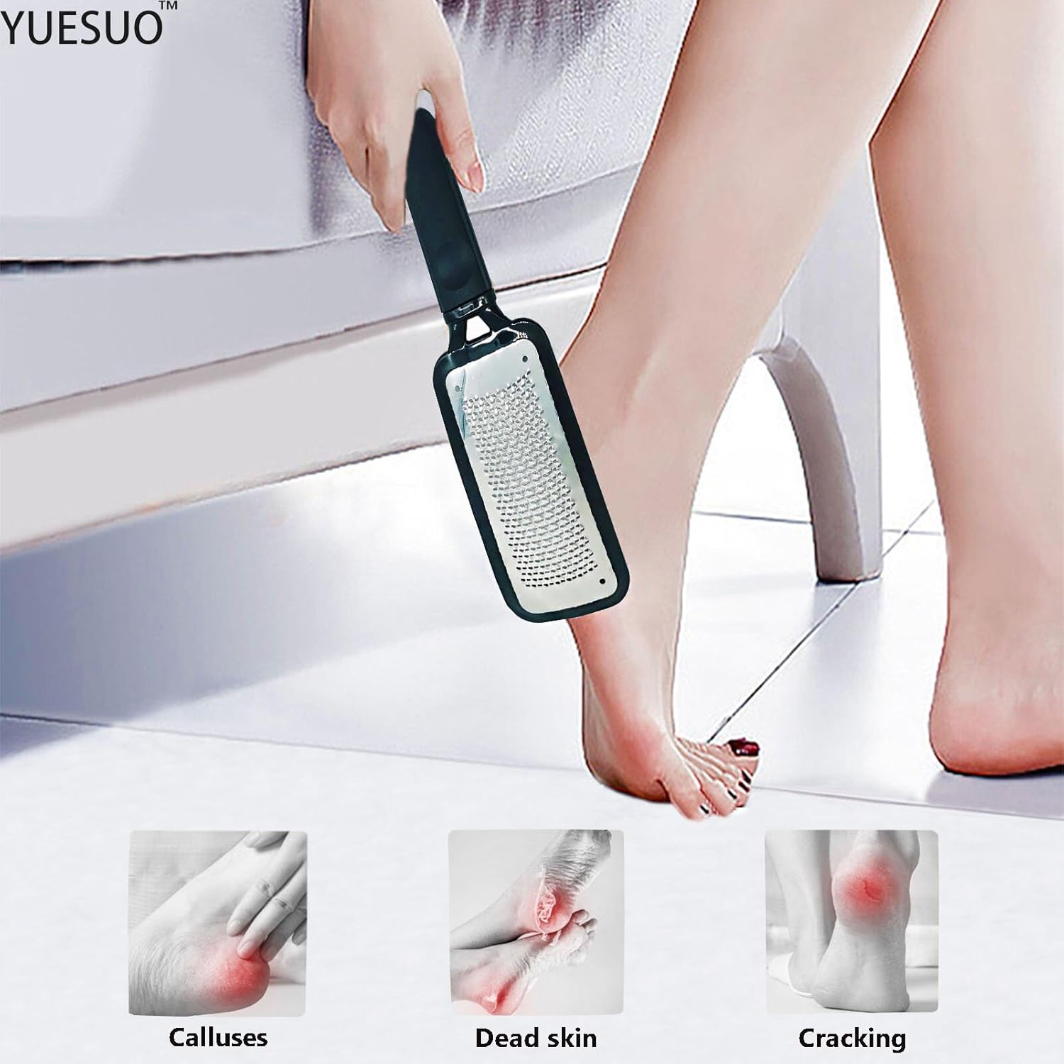 YUESUO 2Pcs Foot File for Dead Skin, Foot Callus Remover and Scrubber Heel Scraper, Washable and Reusable Pedicure Tools for Wet and Dry Feet (Stainless Steel)