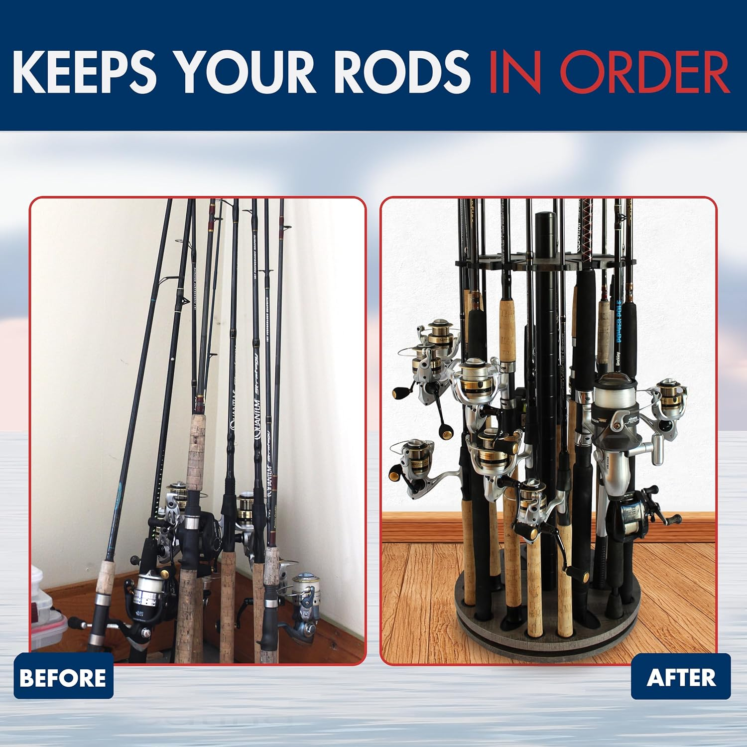 Rush Creek Creations 24 round Spinning Fishing Rod Rack - Fishing Pole Holder and Storage - Light Grain image number 7