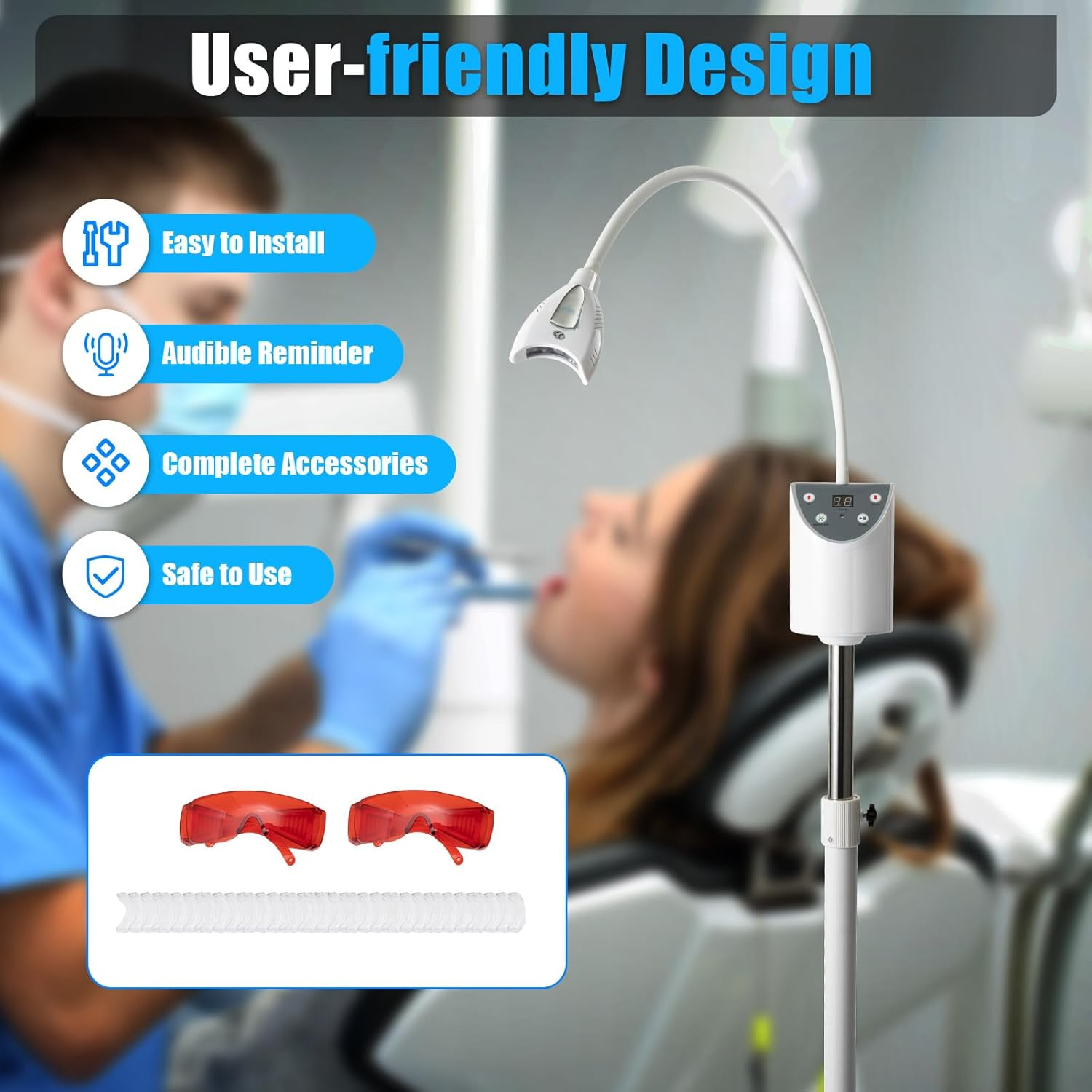 Teeth Whitening Lamp with 4 High-Power LED Lights, Mobile Cold Light Teeth Bleaching Machine with Universal Wheels, Remote Control, 20 Teeth Sheaths image number 6