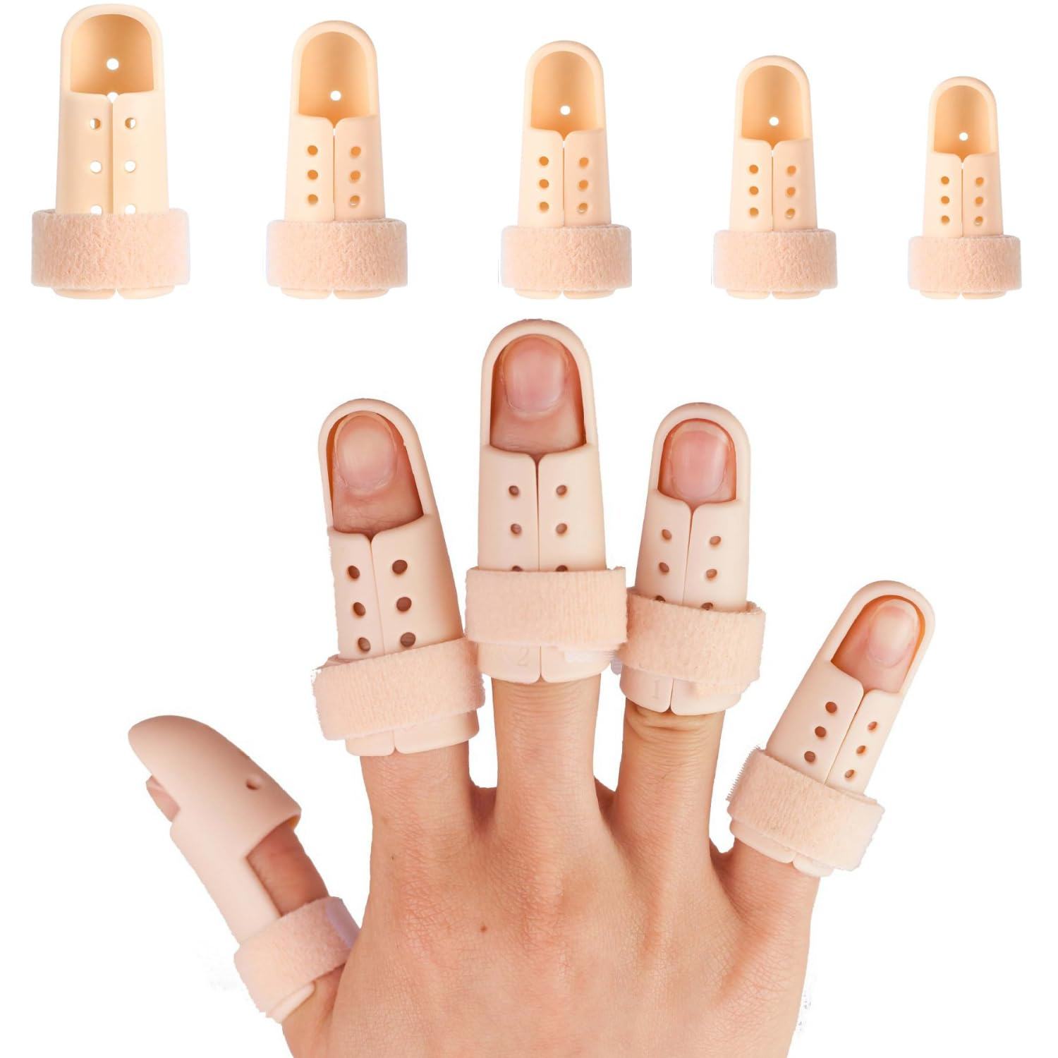 5Pieces Finger Splints for Mallet Finger and Arthritis, Adjustable Support Brace for Finger, Thumb Straightening (Beige, 5 Sizes) image number 2