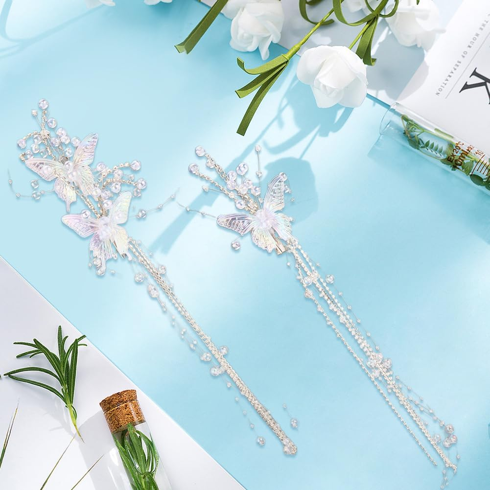 CABODYALS Set of 2 Butterfly Tassels Hair Clips with White Pearls Rhinestone Crystal Beads Decorative Hair Pins for Weddings Hair Clips Jewellery Set for Women Bridal Shower Wedding Dresses Cosplay