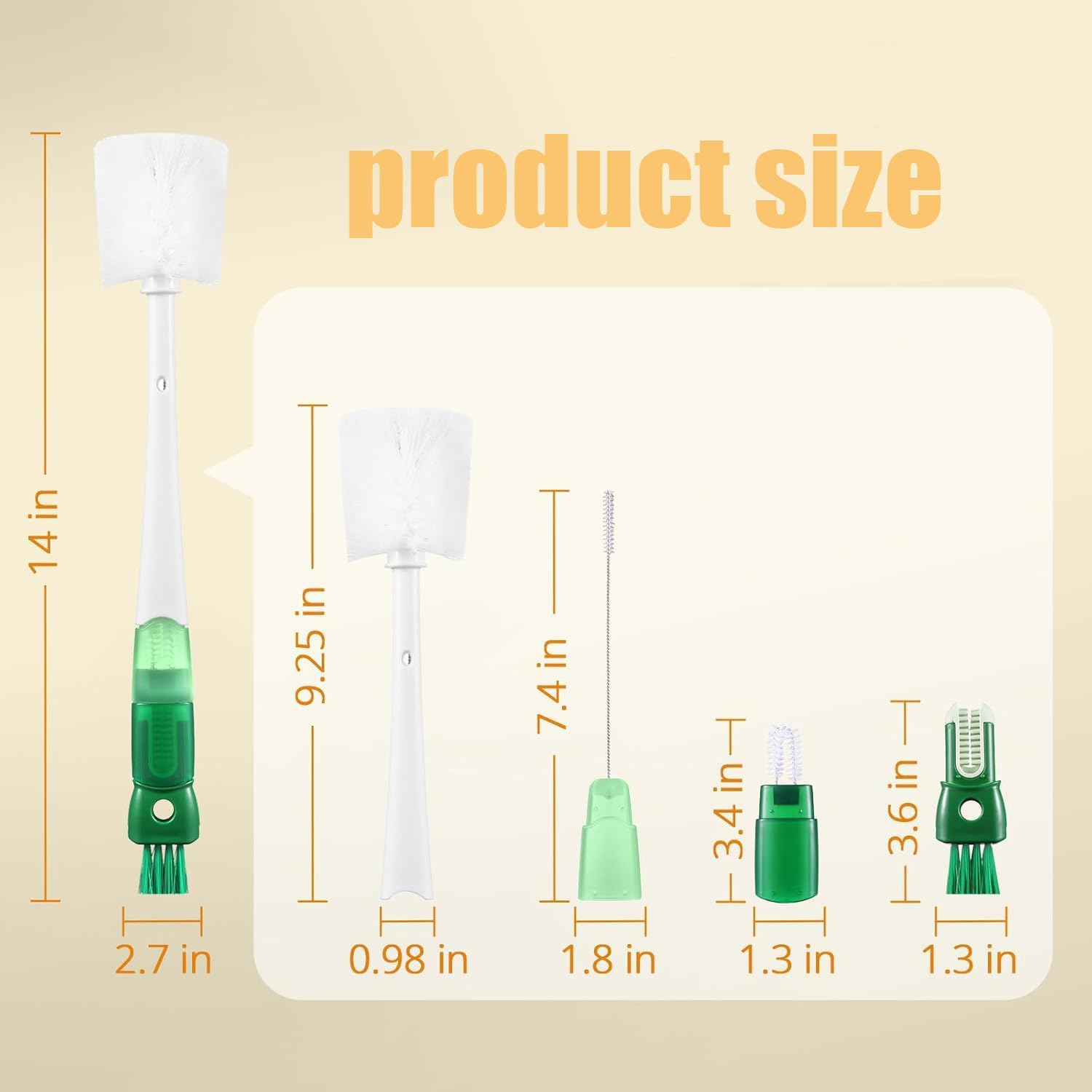 WEZCHUGHAOL 5-In-1 Water Bottle Cleaning Brush Set, Detachable Straw Cleaner, Cup Lid Gap Brush Kit (White-Orange) - White-Green image number 5