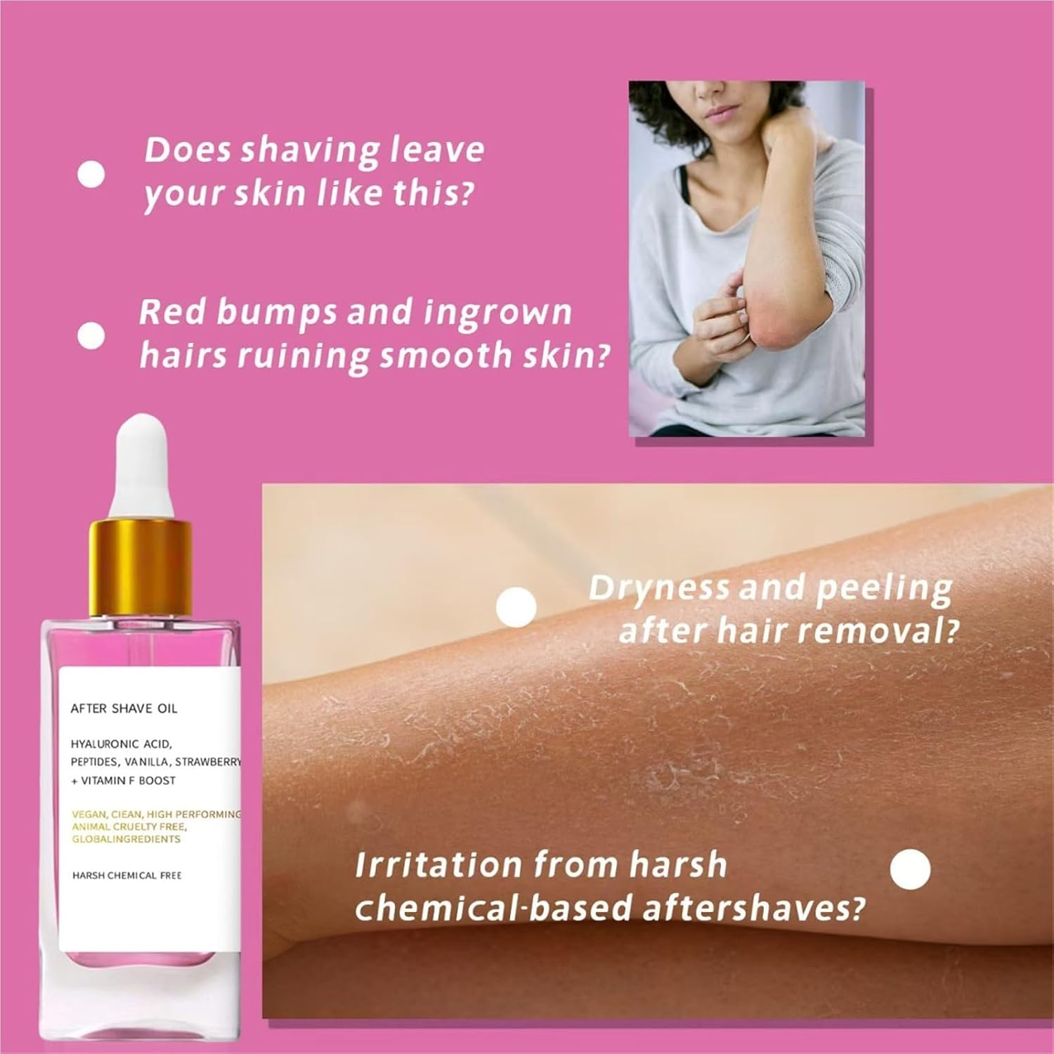 After Shave Oil - Strawberry & Vanilla Scent ， Nourishing Formula for Smooth Skin ， Prevents Dryness & Ingrown Hairs ， Ideal for Women