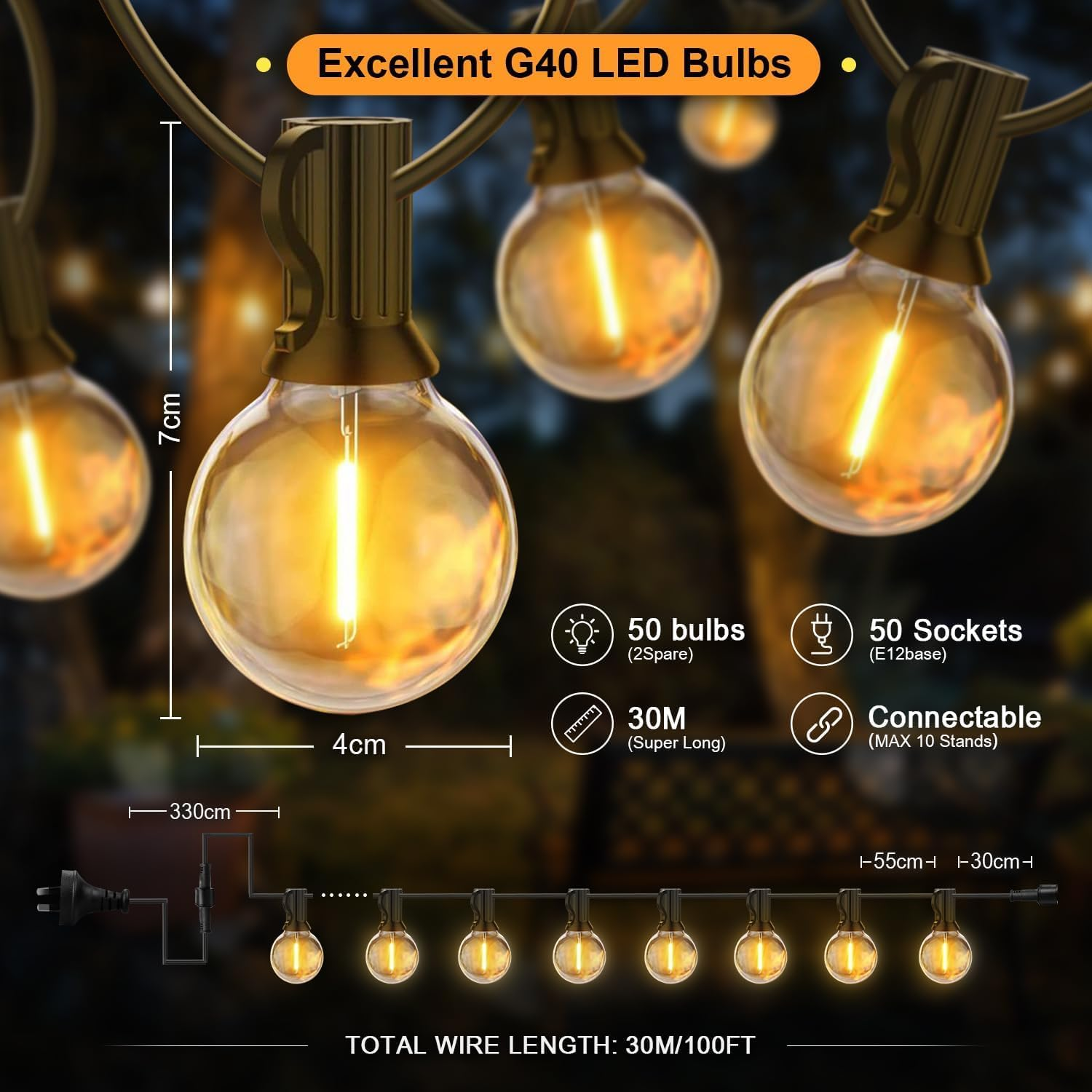 Necomi Festoon Lights Outdoor, 30M 50 Bulbs+2 Spares G40 LED Outdoor Lights, 【Shatterproof】 Waterproof Connectable Commercial Hanging Lights for Christmas Patio House Backyard Balcony Party (AU Plug) image number 6