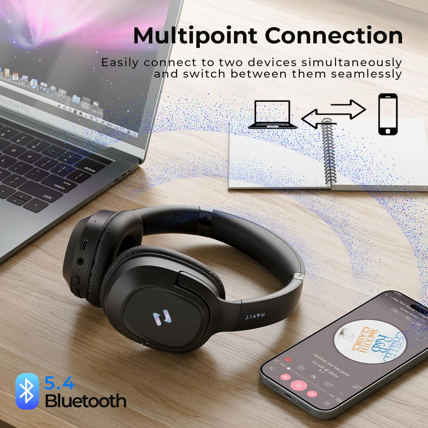 Havit Active Noise Cancelling Headphones, Wireless over Ear Bluetooth Headphones with 60Ms Low Latency Game Mode, 50H Playtime, Foldable Overhead Headphones with Deep Bass, Bluetooth 5.4, App Control image number 4