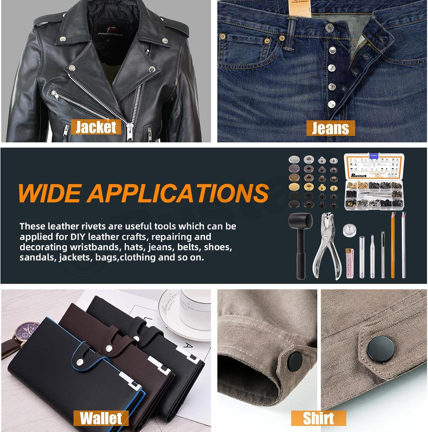 120 Sets 12.5Mm 6 Colors Leather Snap Fasteners Kit with Hammer 9Pcs Setting Tools, Metal Snap Button Press Stud Clothing Snap Assortment Kit for Leather, Clothes, Jackets, Jeans, DIY Craft image number 5