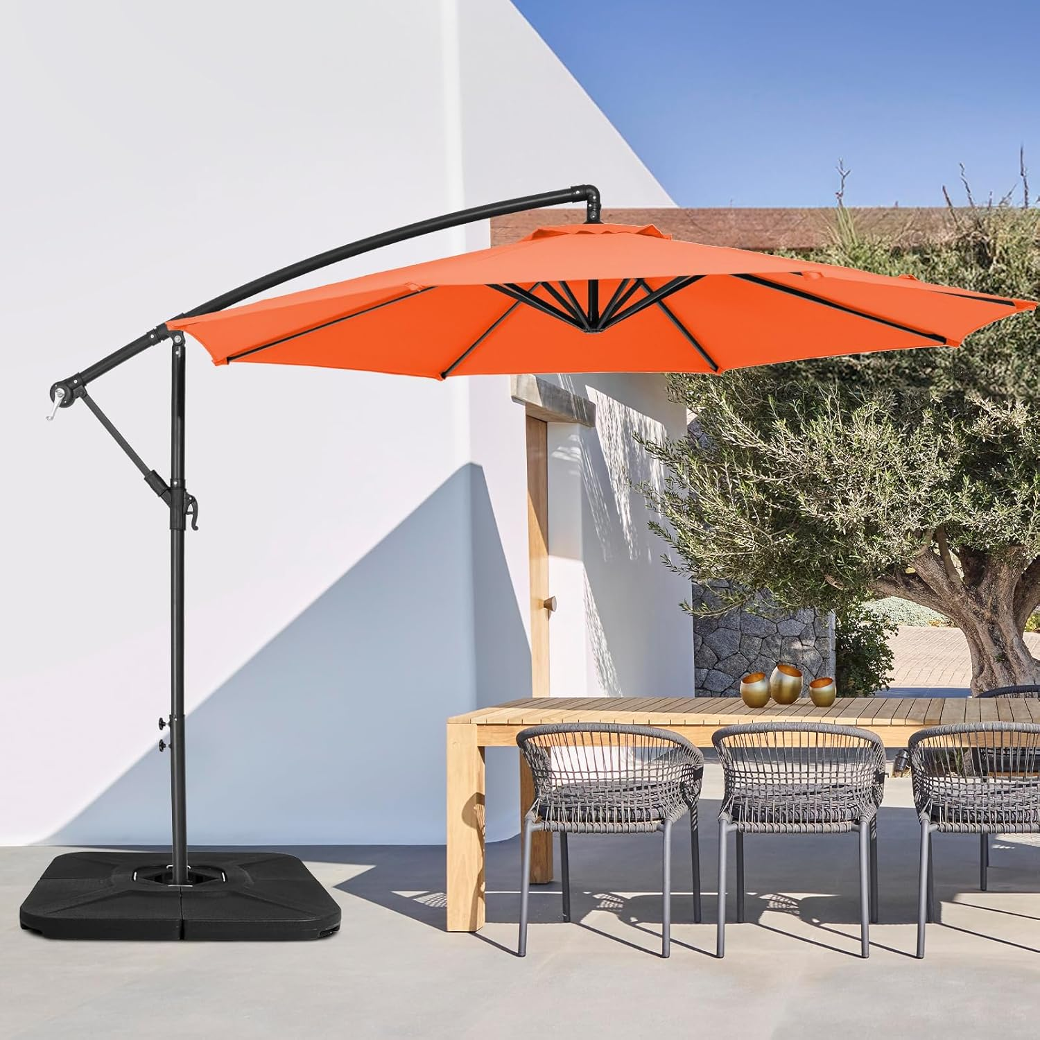 JEAREY 230Lb 4-Pieces Heavy-Duty Umbrella Large Base Stand Cantilever Offset Patio Umbrella Stand Square Large Base Plate with Locking Black for Water or Sand (Black)