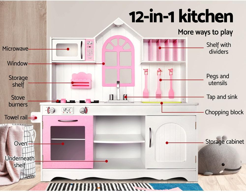 Keezi Kids Kitchen Set 12 in 1 Pretend Play Food Playset Wooden Toys Mud Kitchens Children Cooking Cookware Sets Toy Home Cubby House Furniture for Boys Girls, Ample Storage Space Pink White image number 4