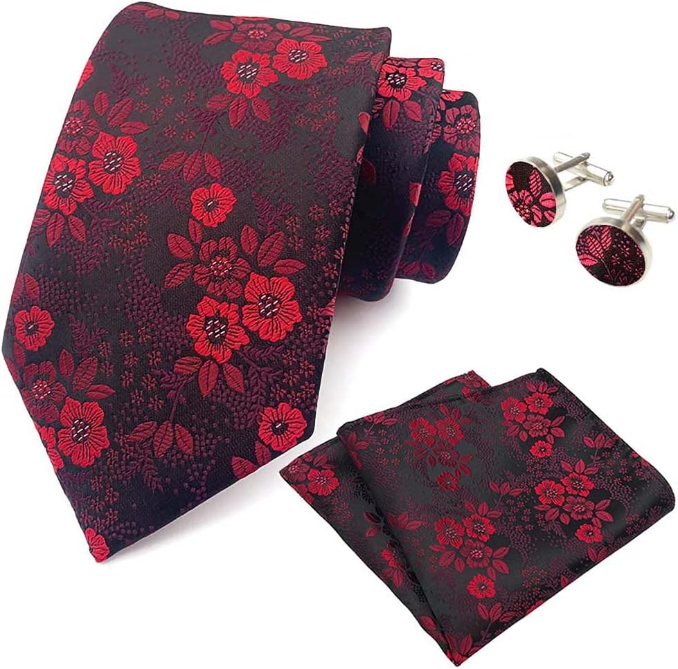 Men'S 8Cm Paisley Floral Jacquard Silk Tie Necktie Formal Wedding Hanky Cufflinks Set Ac8835 - C02 Navy Burgundy image number 3