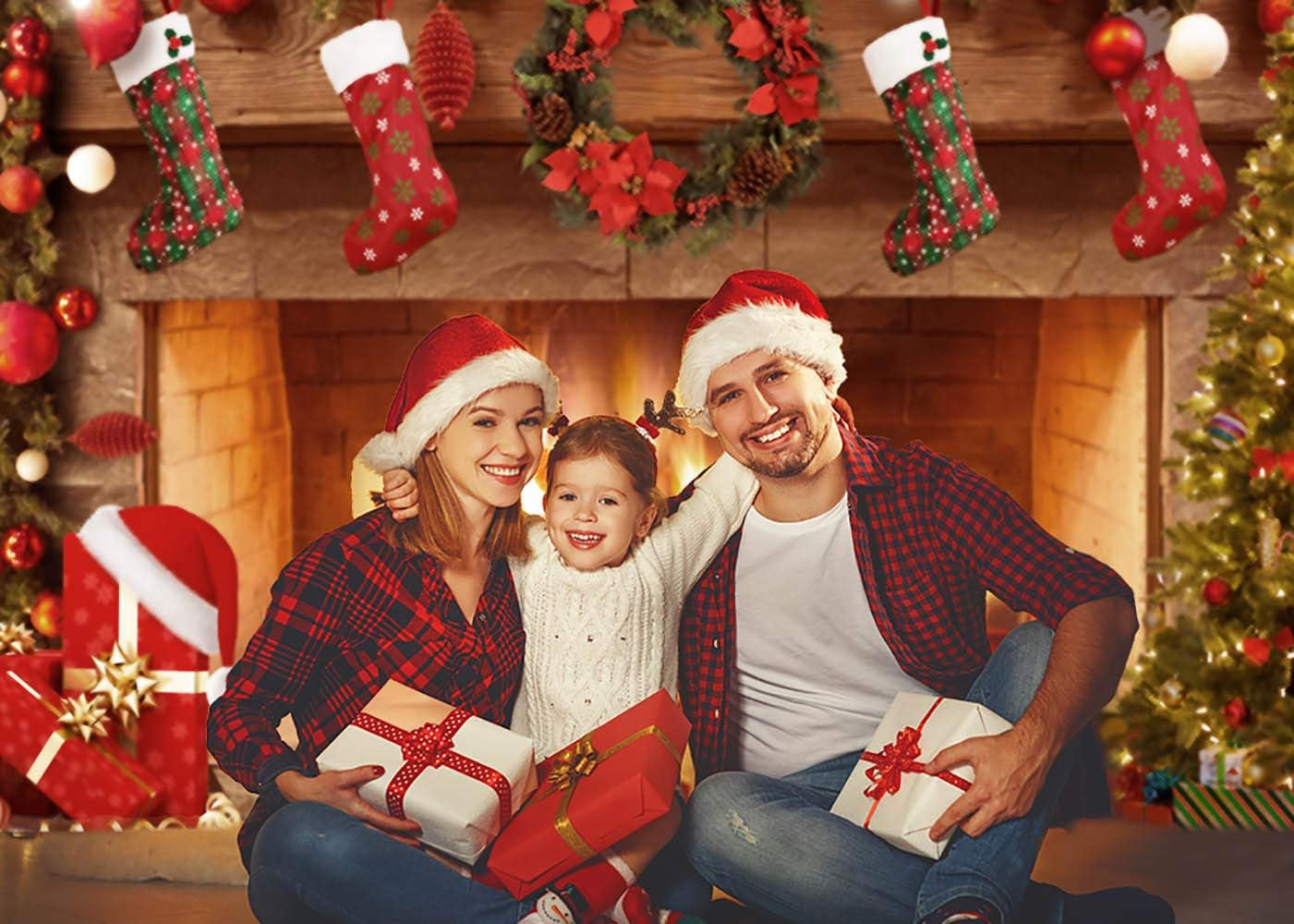 Mocsicka Christmas Fireplace Backdrop 7X5Ft Merry Christmas Fireplace Family Picture Party Decorations Photobooth Backdrops Xmas Socks Trees Burning Firewoods Photography Background image number 3