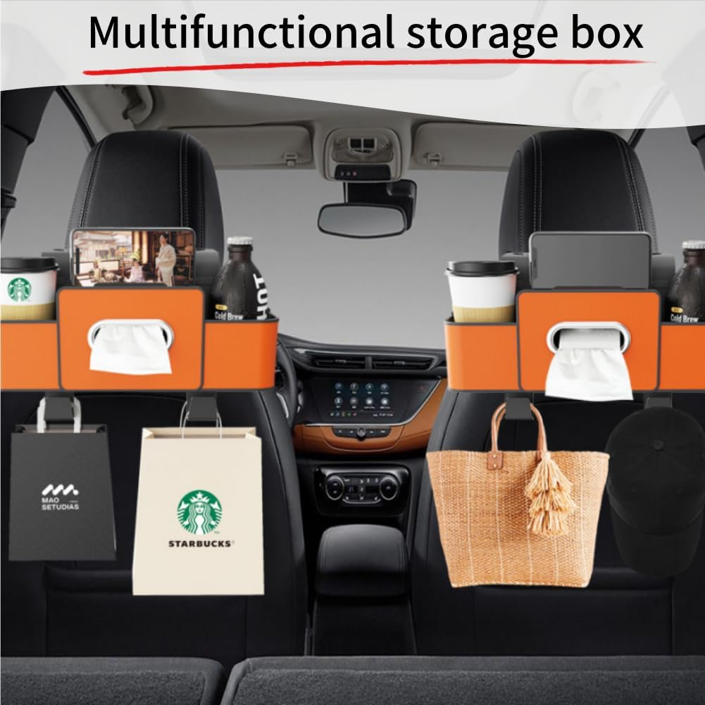 Raksonic Car Back Seat Organizer with 2 Cup Holders Multifunctional Car Seat Storage Box Tissue Box Mobile Phone Holder Hanging Storage Box with Hook Car Leather Storage Box 2-Pack（Black） image number 3