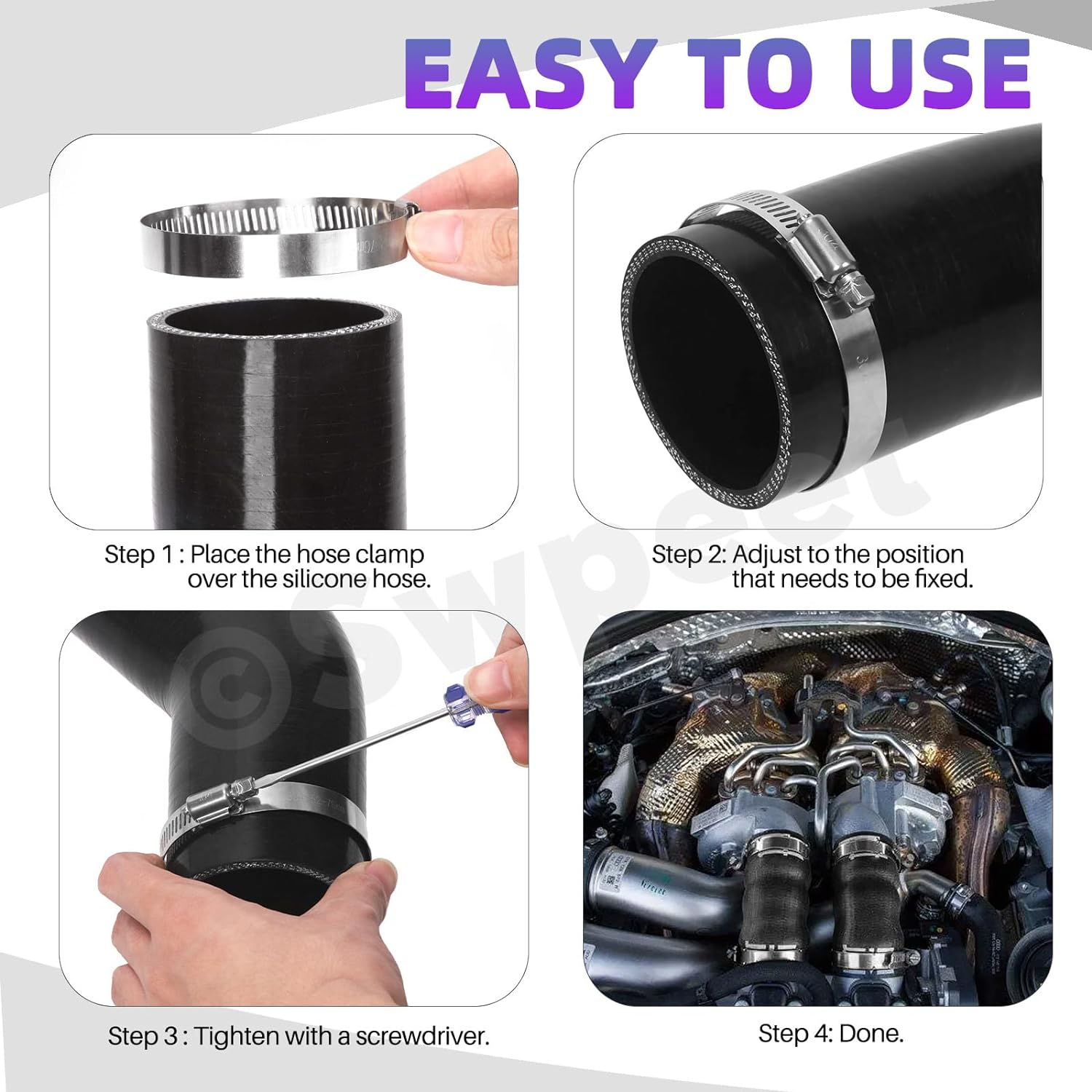 Swpeet 3Pcs 2.5 Inch - 63Mm 45 Degree Elbow 4-Ply Reinforced Silicone Hose with 59-82Mm 304 Stainless Steel T Bolt Hose Clamp Kit, Automotive Pure Silicone Hose for Turbo Intake Intercooler image number 2