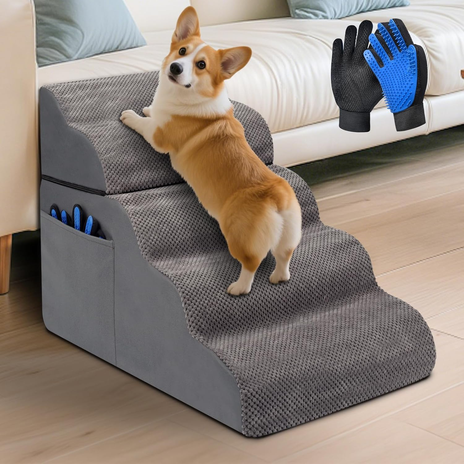 Dog Stairs Ramp Pet Steps 24/35/59Cm Adjustable Height Extra Wide Dog Ramp with Portable Handle Removable Washable Cover Non-Slip Bottom for Small Elderly Short-Legged or Injured Dogs and Cats image number 1