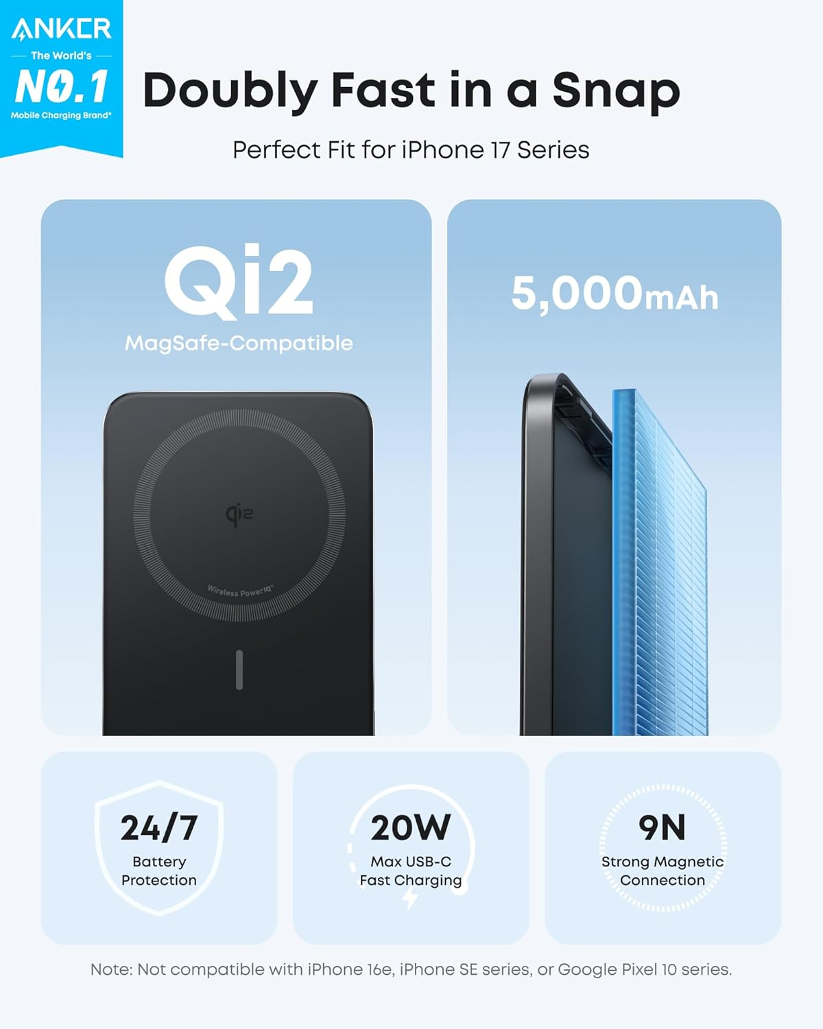 Anker Nano Power Bank, Ultra-Slim 5,000Mah Magnetic Battery Pack, Qi2 Certified 15W Max Ultra-Fast Magsafe-Compatible Portable Charger, Ergonomic Design, for Iphone 17/16/15/14/13 Series Only (Black) - Black image number 5