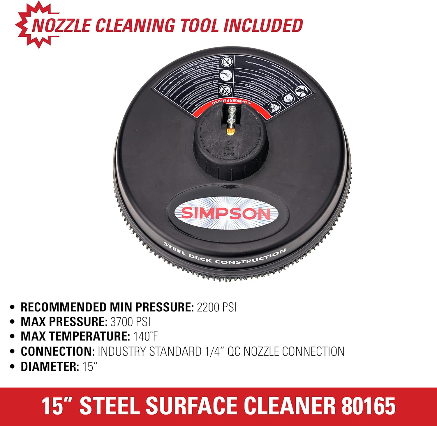 Simpson Cleaning 80165 Universal Scrubber, Rated 15" Steel Pressure Washer Surface Cleaner for Cold Water Machines, 1/4" Quick Connection, Recommended Min 3000 Max of 3700 PSI, Black