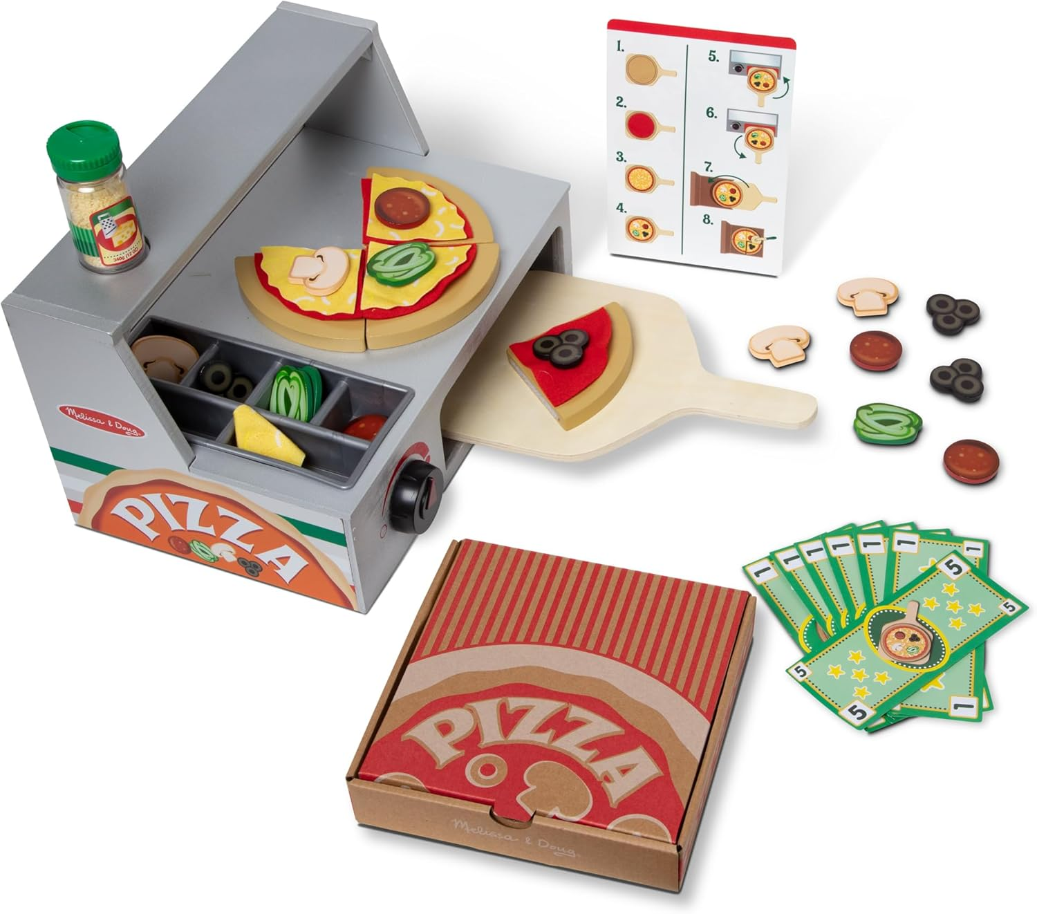 Melissa & Doug Top & Bake Wooden Pizza Counter Play Set &ndash; 34‑Piece Pretend Pizza Shop with Oven, Menu & Money &ndash; Ages 3+ image number 3