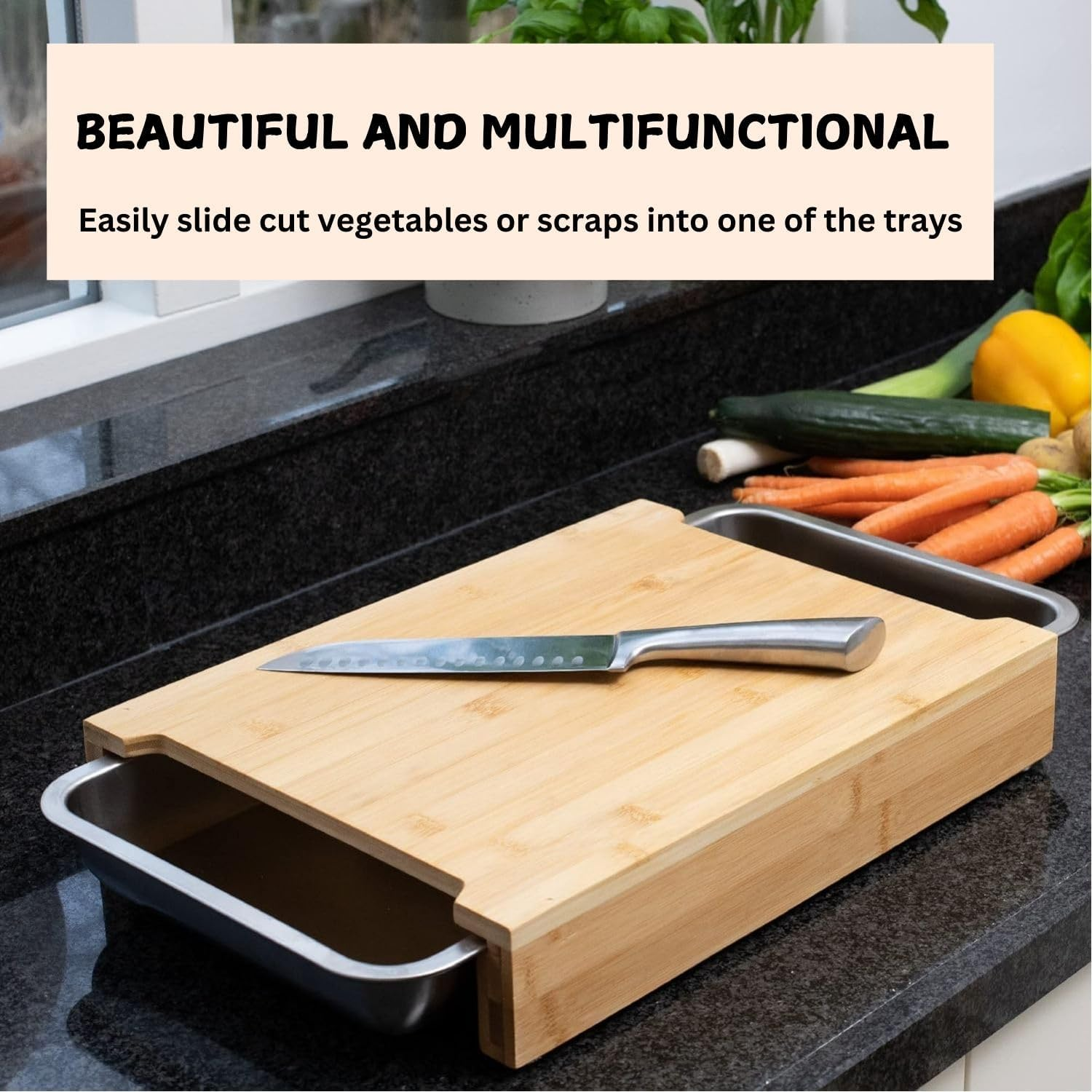 CARLA HOME Chopping Board with Containers, Bamboo Cutting Board with 2 Organiser Stainless Steel Trays, Meal Prep Cutting Board with Containers, Large Wood Cutting Board with Slide Out Trays Kitchen image number 3