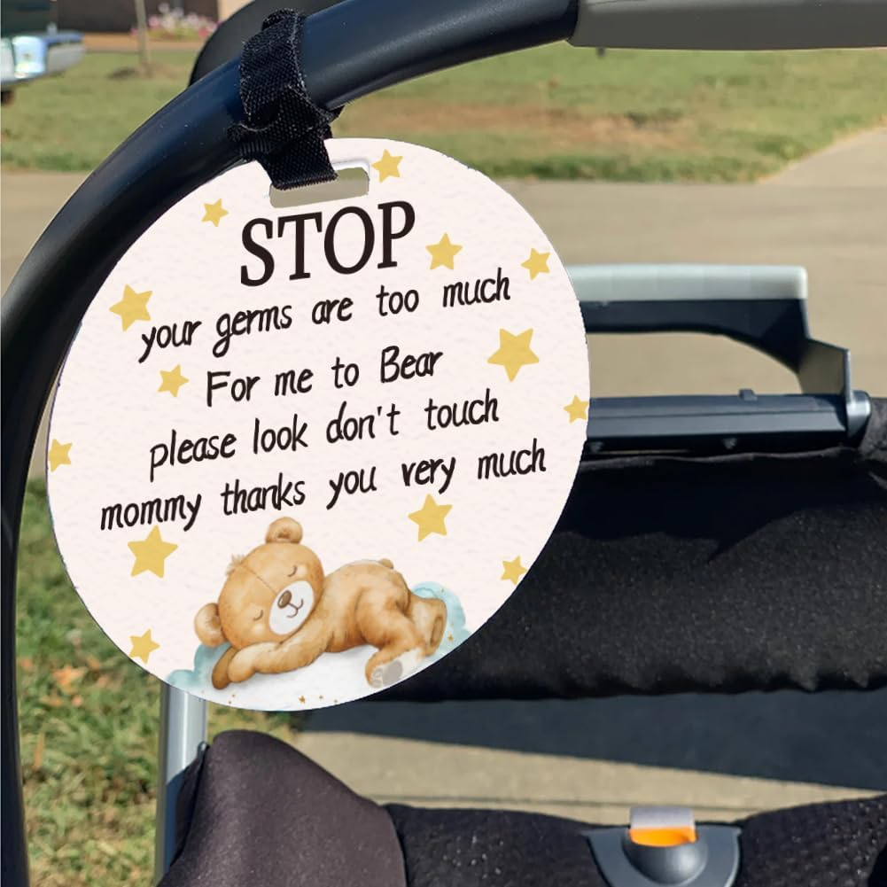 ORIGACH 4 Pack Sleeping Bear Design Don'T Touch Baby Sign Please Look Baby Car Seat Tag with Hanging Strap and Clip for Newborn Girl Boy image number 1