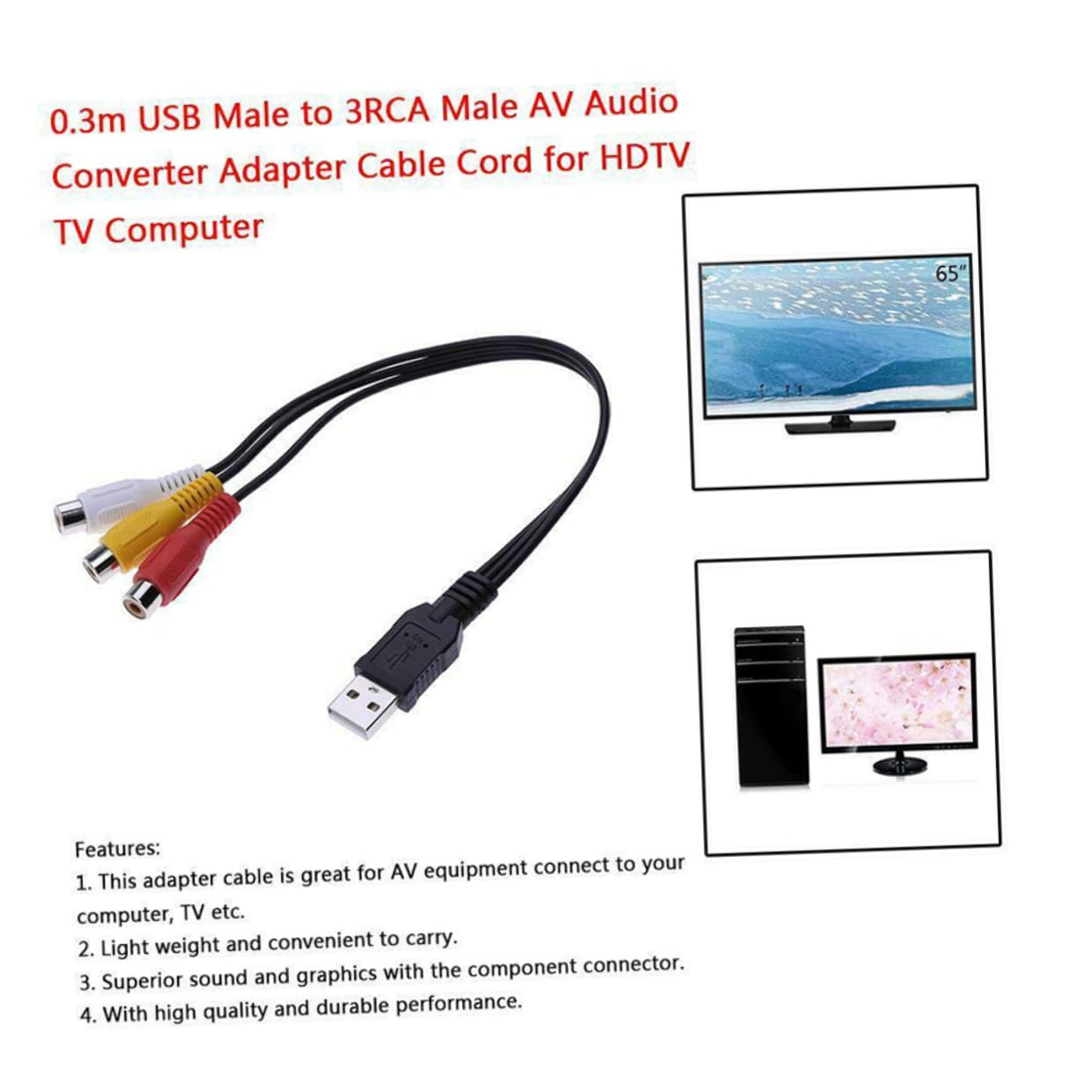 OHPHCALL USB to Audio Cable Copper Connector Set-Top Box Accessory for Home Theater Tv Av Adapter Cord image number 4