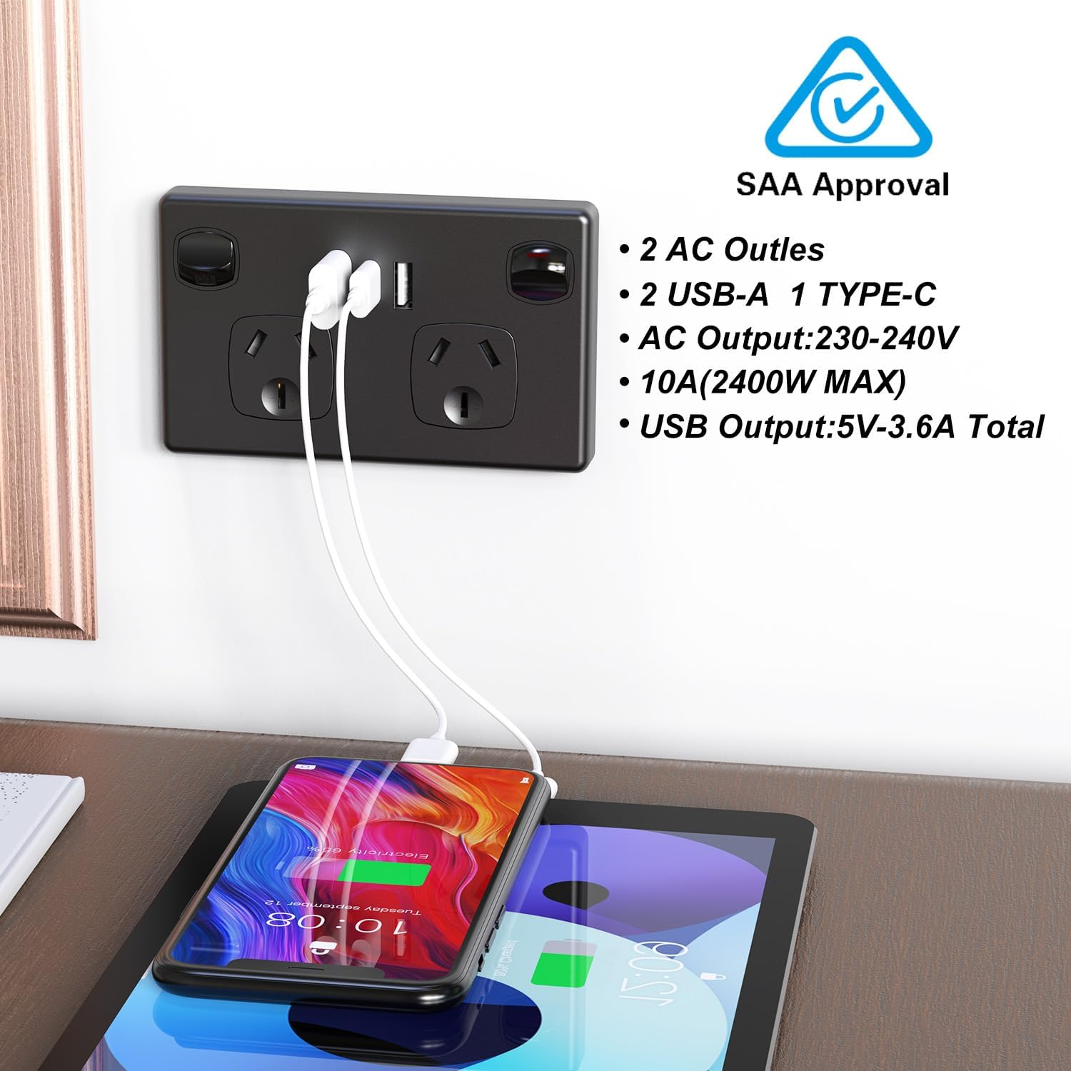 Double Power Point with 2 USB a and 1 Type C, GPO Wall Outlet, Fast Charging 5V 3.6 Amp, SAA RCM Approved, Single Switch, 10A/2400W, Black image number 5