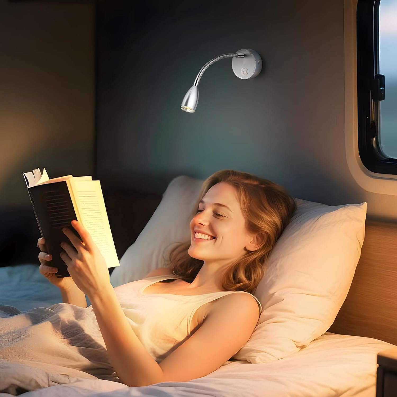 ERWEY 2 LED Reading Lamps, 12 V Motorhome, 3 W, 3000 K Wall Light, Bed Lamp with Flexible Gooseneck and USB Charging Port, DC12-24 V Spot for Boat, Yacht, Car, Van, Caravan, Interior Lighting, Silver image number 1