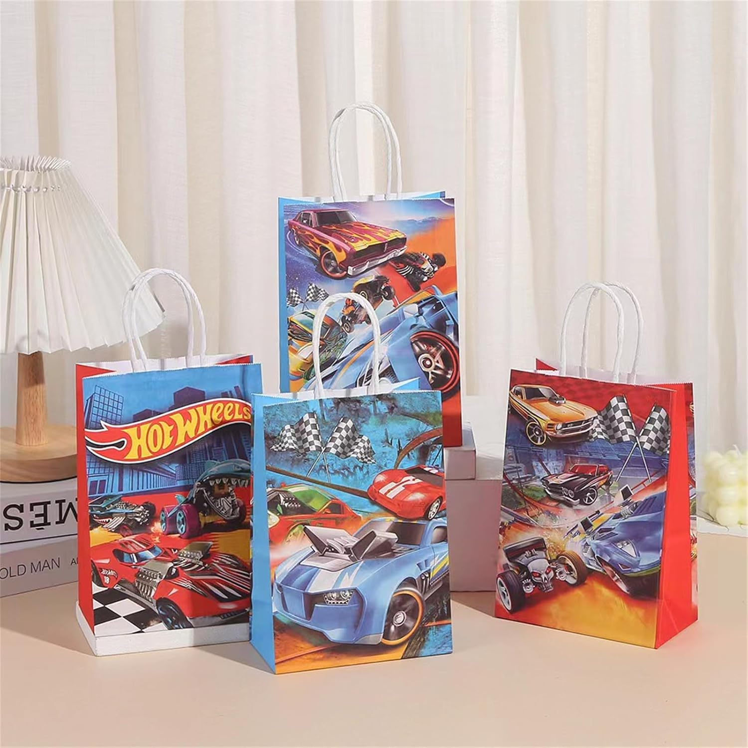16 PCS Racing Car Party Favor Bags with Handles, Hot Car Party Treat Bags Cake Candy Snack Goodie Gift Paper Bags for Kids Boy Girl Birthday Party Baby Shower Decoration Supplies - Cat image number 6