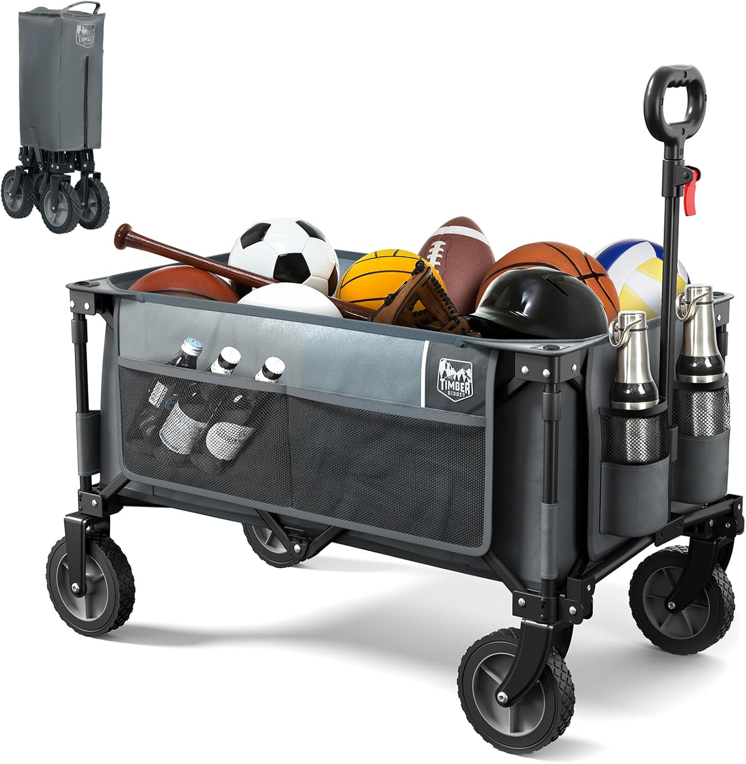 Timber Ridge Collapsible Outdoor Folding Wagon Cart Heavy Duty Camping Patio Shopping Garden Cart with Side Bag Cup Holder, Blue