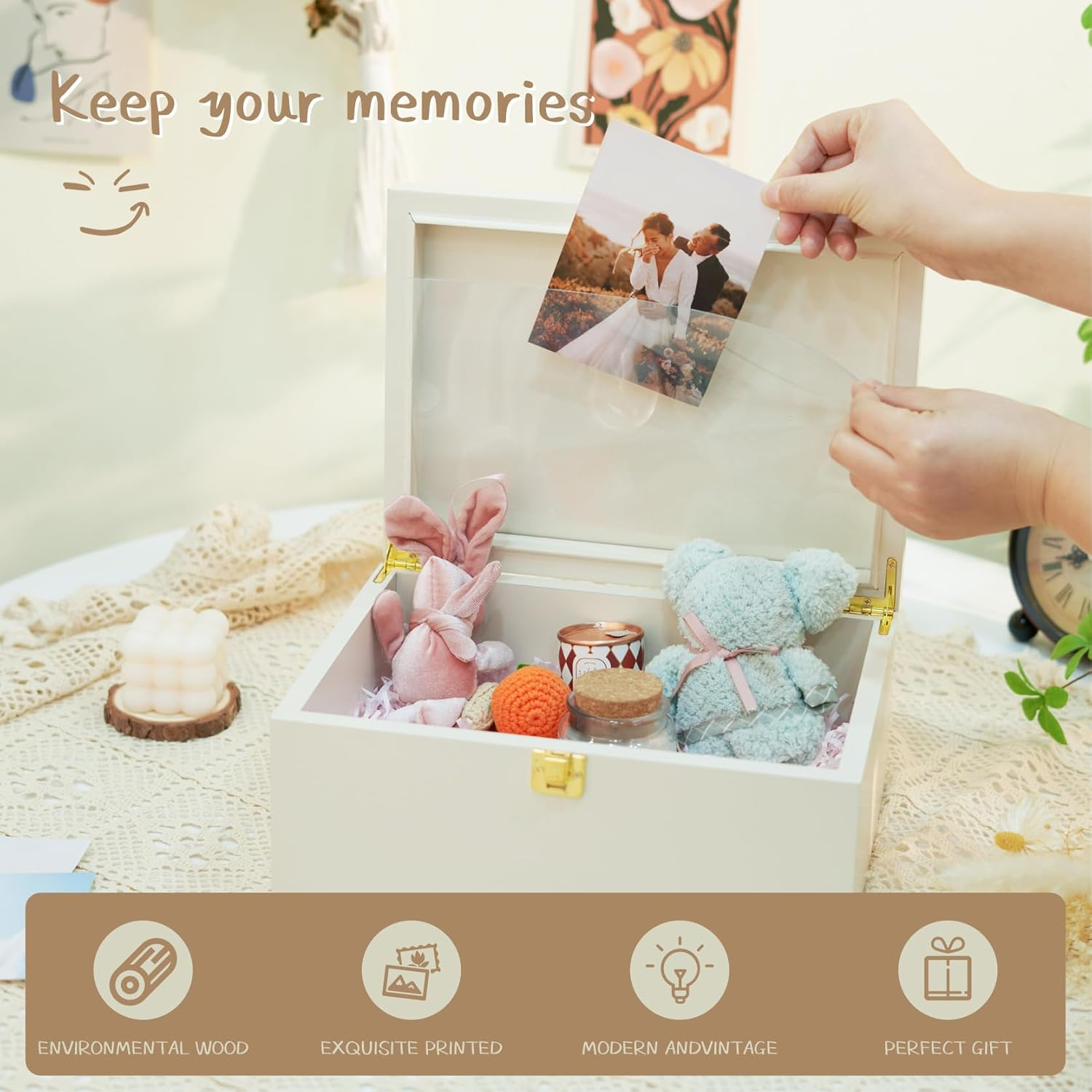 Larger Wooden Memory Keepsake Boxes with Hinged Lids and a Photo Frame inside the Lid - Decorative Storage Box with a Hinge Lids for Picture Letter Time Capsule - 5.3&ldquo;*8.6&rdquo;*11.7&ldquo; Off-White