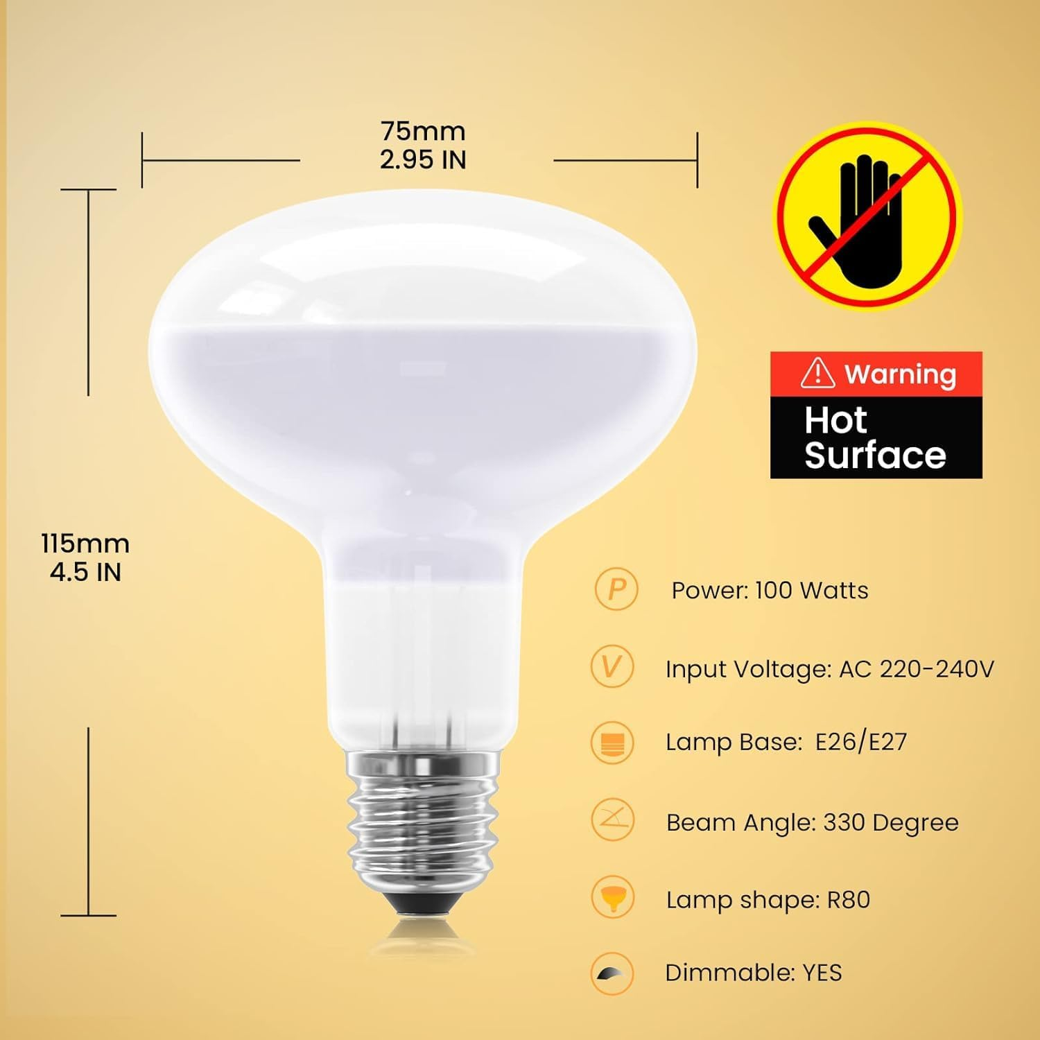 100W Reptiles Heat Bulb E27 Base Warm White Light Basking Bulb, Dimmable UVA Heat Lamp Bulbs for Reptiles, Chicks, Tortoise, Bearded Dragon, Dogs, Lizard 2Pack