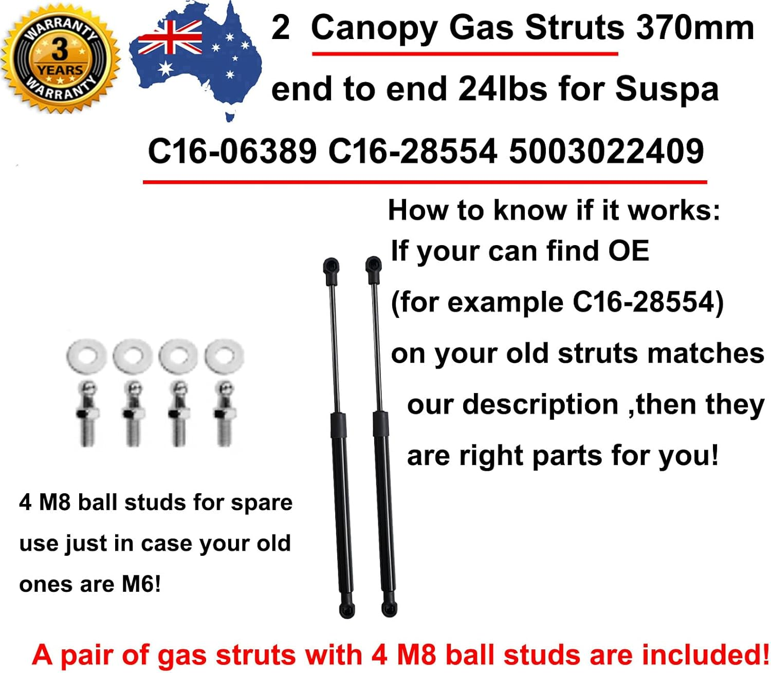 AONNOUS Pair Gas Struts 355Mm Fully Open for Flexiglass Canopy Match OE C16-28554 C16-06389 5003022409 24LBS 370Mm End to End image number 1