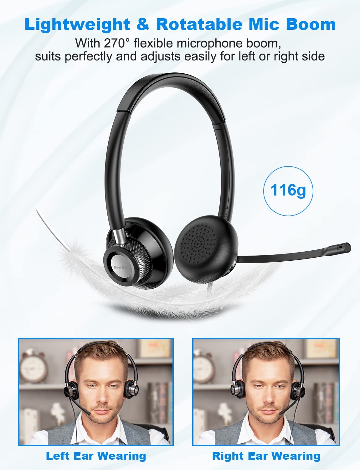 USB Headset New Bee with Microphone Flexible for L/R Side Super Lightweight Computer Headset In-Line Mute Wired Office Headset for PC, Laptop, Skype, Zoom, Call Center, Meetings, Webinar, Home image number 4