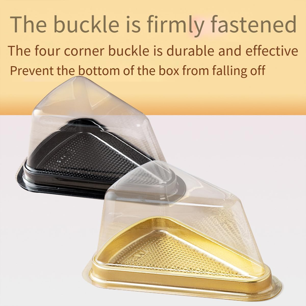 AIMALL 100Pcs Black or Gold Triangle Cake Boxes Dessert Packaging with Non-Slip Bottom and Secure Buckle for Mousse, Lasagna, and Baking Storage image number 4