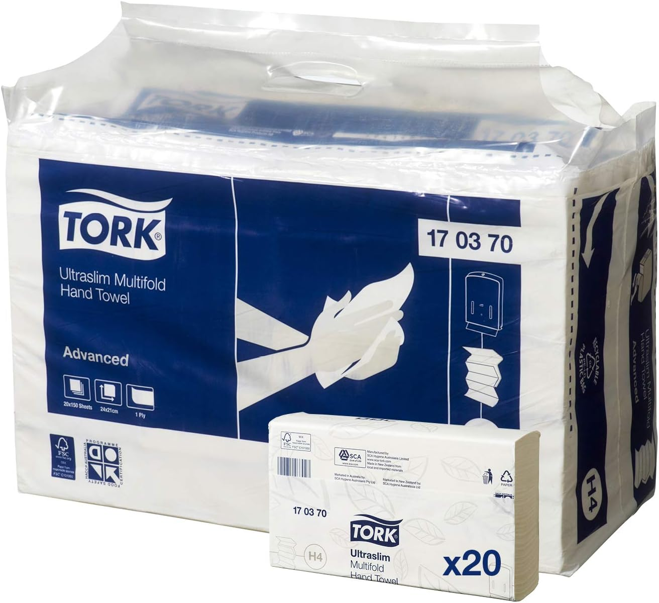 Tork Ultraslim Multifold Paper Hand Towel White H4, Advanced, 20 Packs X 150 Sheets, 170370
