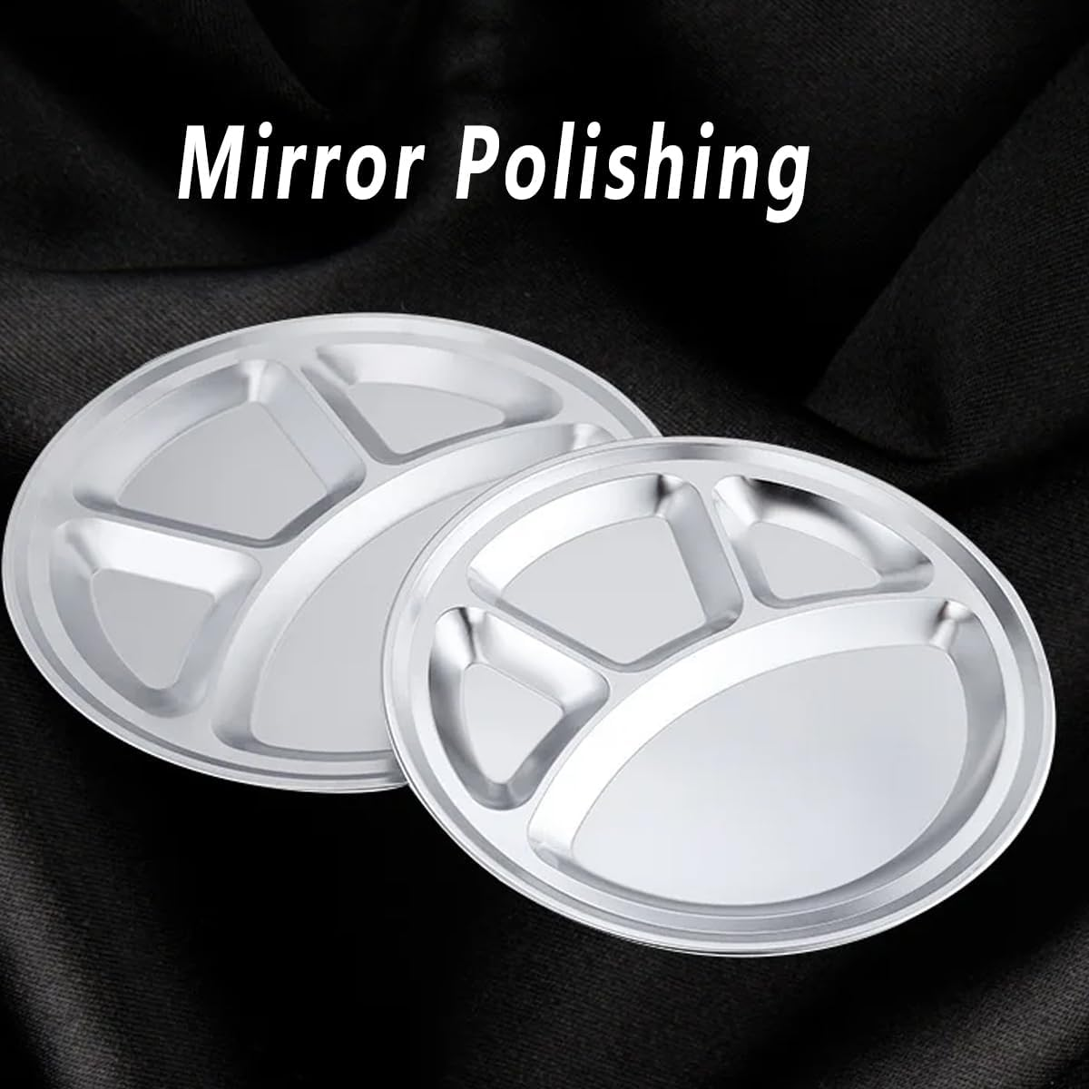 AIMALL 4Pcs Stainless Steel round Dinner Plate - 12.67In Divided 4-Compartment Plate, Durable Fast Food Tray with Mirror Polishing, Ideal for School, Cafeteria, or Home Use