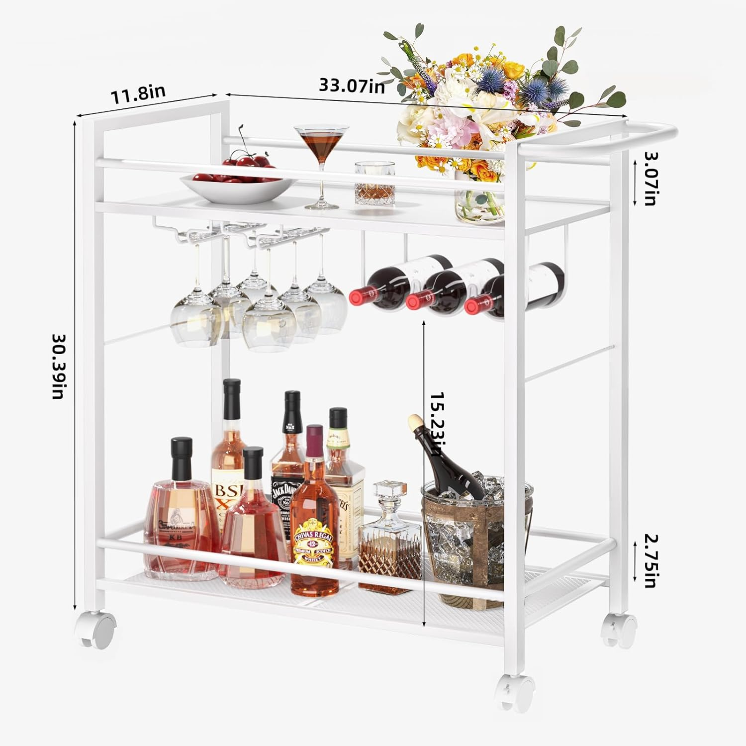 LELELINKY White Serving Trolley, Bar Trolley with Wheels, Modern Bar Cart with Storage Space, Wine Trolley with Wine Rack and Wine Glass Holder for Kitchen, Living Room & Dining Room image number 3