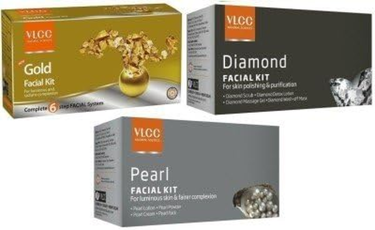 VLCC NATURAL COMBO of 3 TYPES SINGLE FACIAL KITS GOLD, DIAMOND, PEARL