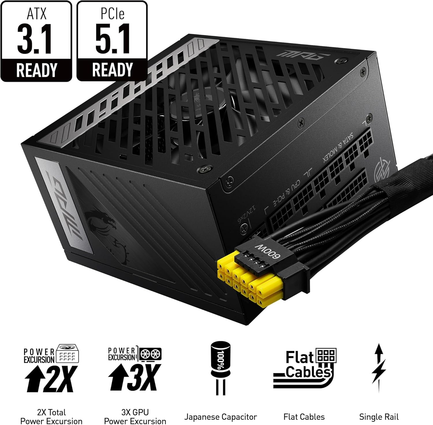 MSI MPG A850G PCIE5 850W ATX Power Supply Unit, Multicolor image number 6