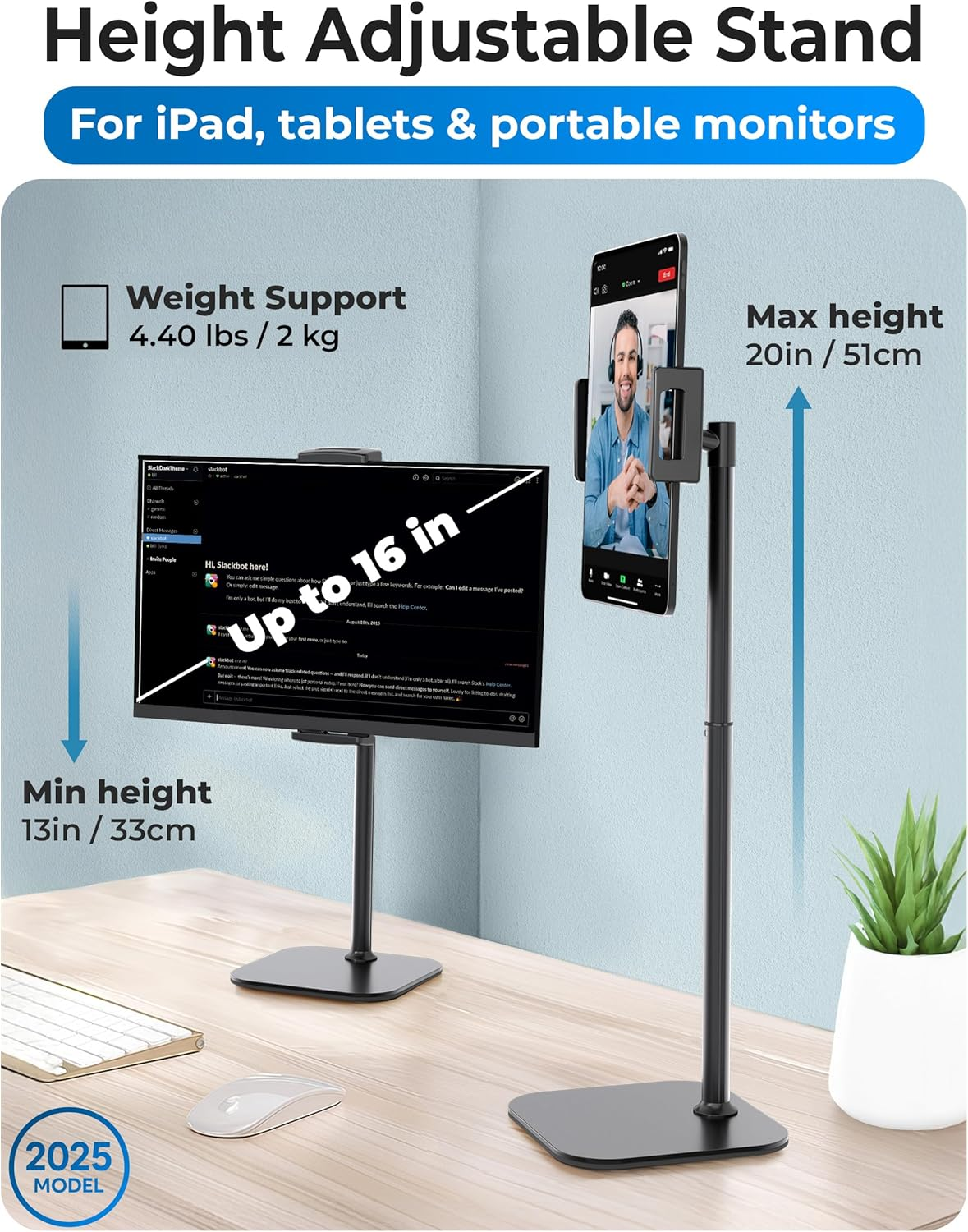 Cooper Tabstand - Height Adjustable Ipad Stand for Desk, Tablet Holder, 16" Portable Monitor Stand | Aluminum Alloy Telescoping Tablet Tripod for All Ipad, Pro, Air, Mini & Kindle (Night Black) - New Night Black (4.4 Lb Support) image number 3