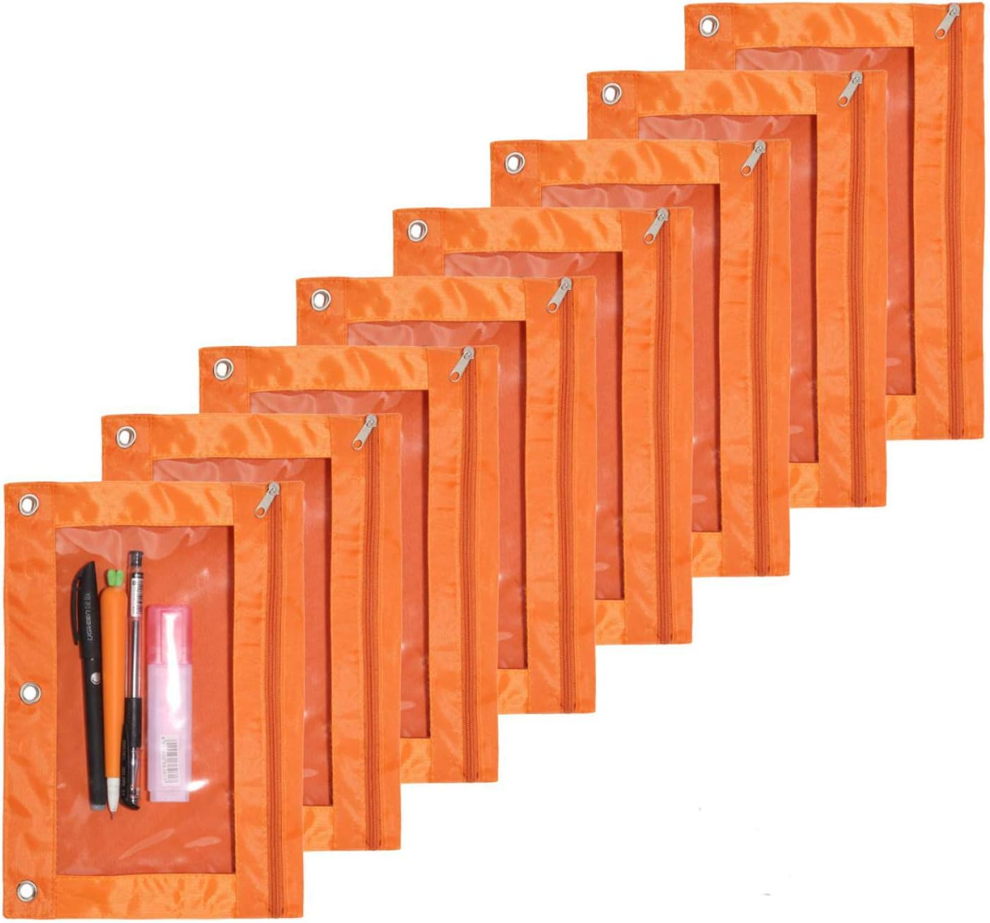 Zippered Pen Pencil Binder Pouch 3 Rings with Clear Window for School Classroom Organizers 8 Pcs (Orange)