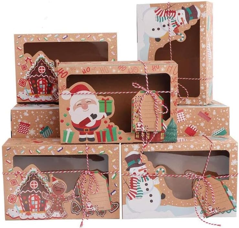 WOYAODONG 12 Pack Christmas Cookie Boxes with Window, Large Holiday Food Bakery Treat Boxes for Giving, Pastry, Candy, Party Favors, Christmas Kraft Boxes with Ribbons and DIY Tags