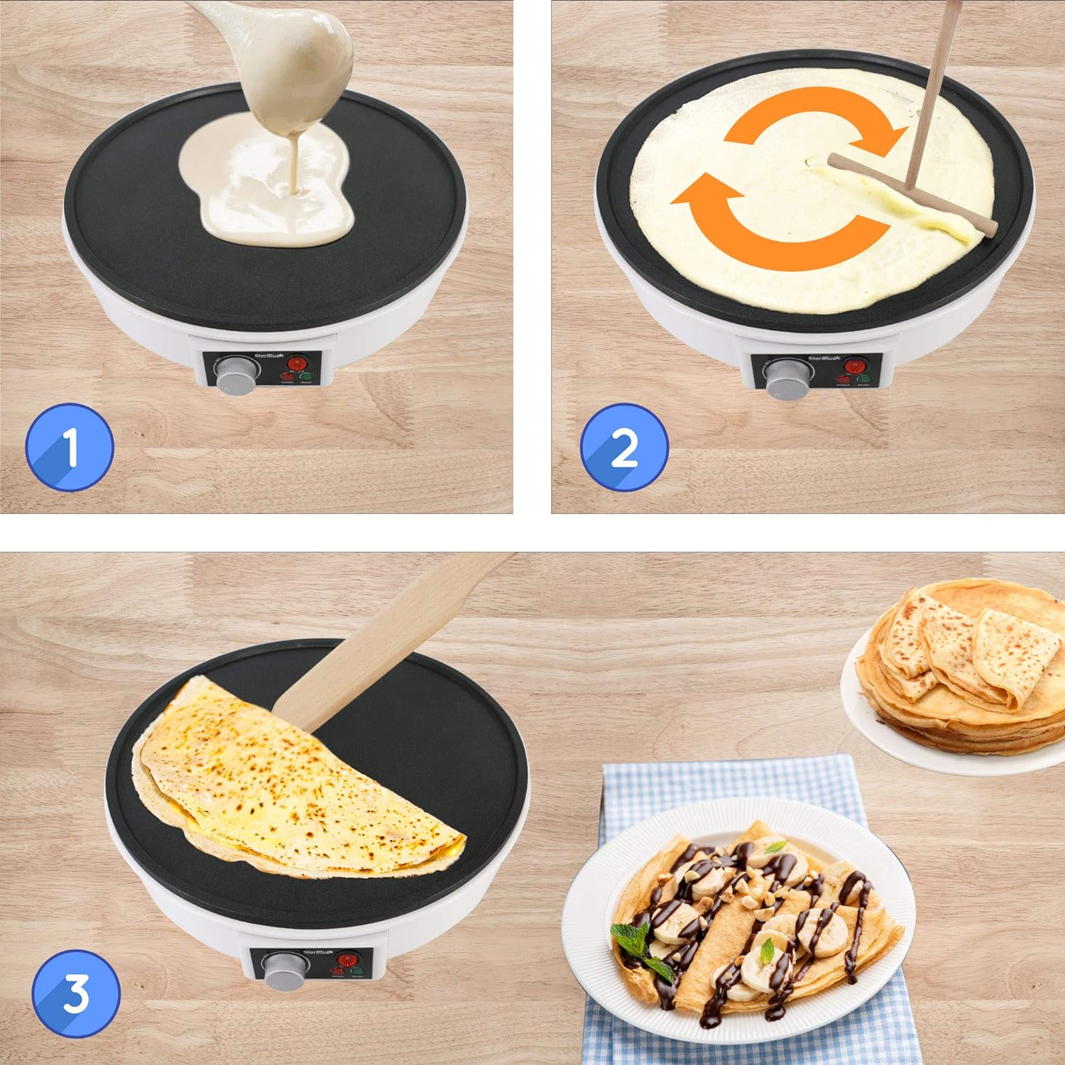 30.5Cm Electric Pancake & Crepe Maker by Starblue with FREE Recipes E-Book and Wooden Spatula - AC 220-240V 50/60Hz 1000W, UK Plug, Australia Adapter Included image number 1