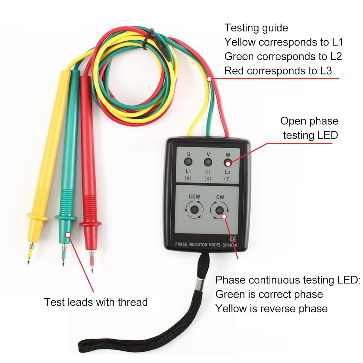 Topyond Phase Rotation Meter,5 LED Indicator, No Battery Design, 3 Test Leads, 3 Phase AC Sequence Tester for Electrical Engineers, Voltage Detection from 60V to 600V image number 2