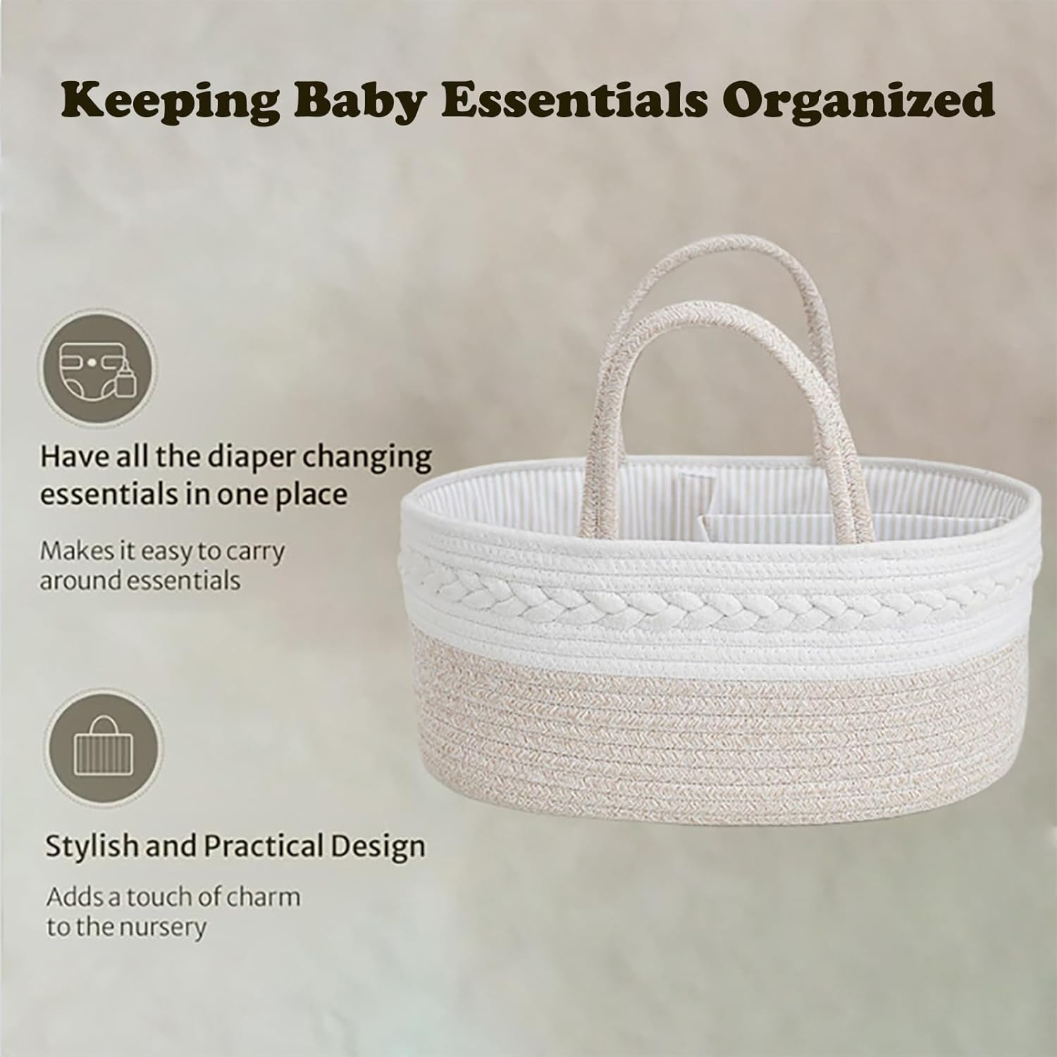 LISNSMY Baby Nappy Caddy Diaper Caddy Organizer, Baby Storage Basket for Diapers and Wipes, with Removable Inserts, Bohemian Portable Nursery Diaper Organize, 38 &times; 25 &times; 17 CM (Khaki)