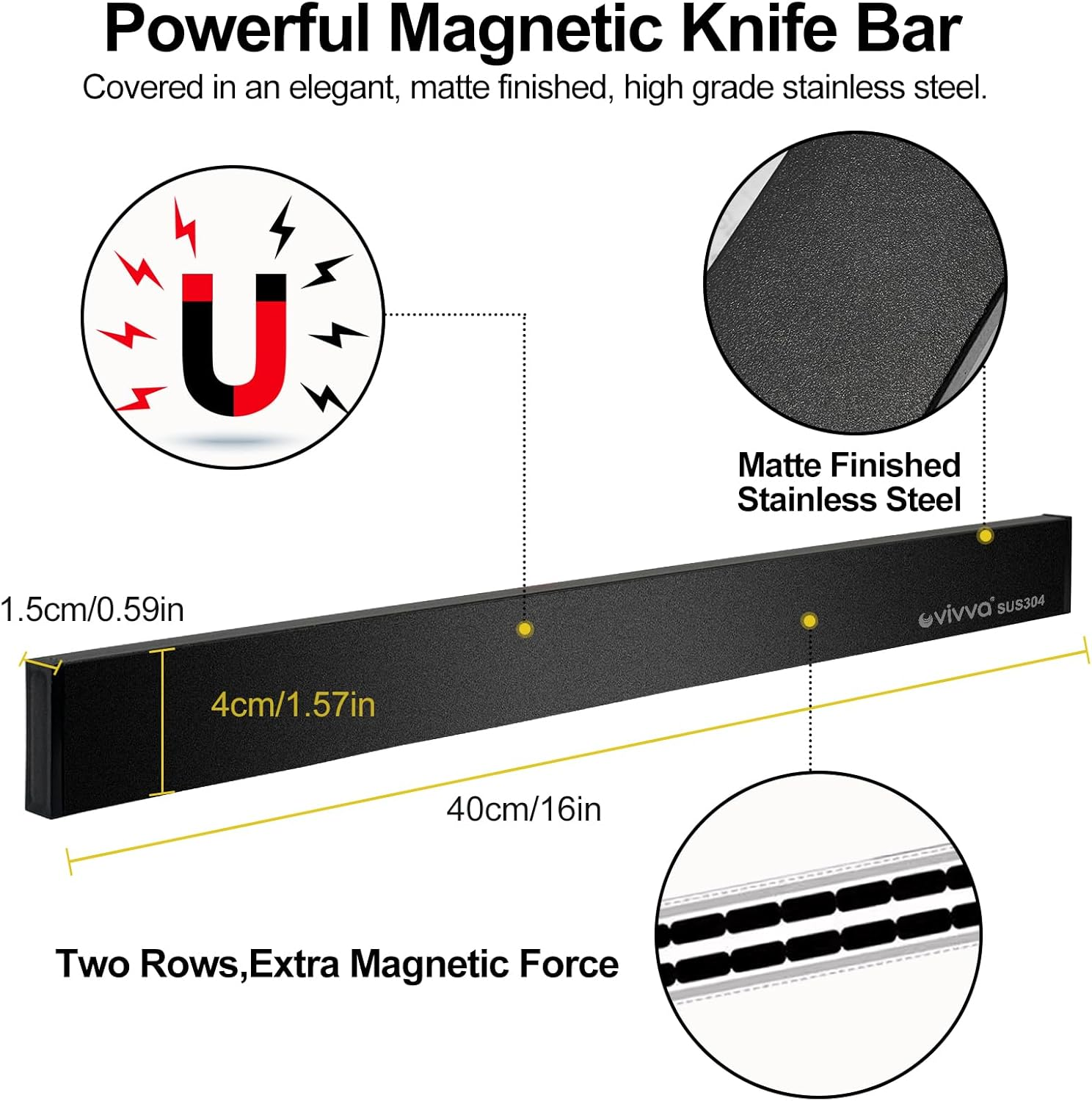 Vivva Modern Stainless Steel Magnetic Knife Bar with Multipurpose Use as Knife Holder, Knife Rack, Kitchen Utensil Holder, Tool Holder, Art Supply Organizer, Home Organizer Black 16Inch image number 4