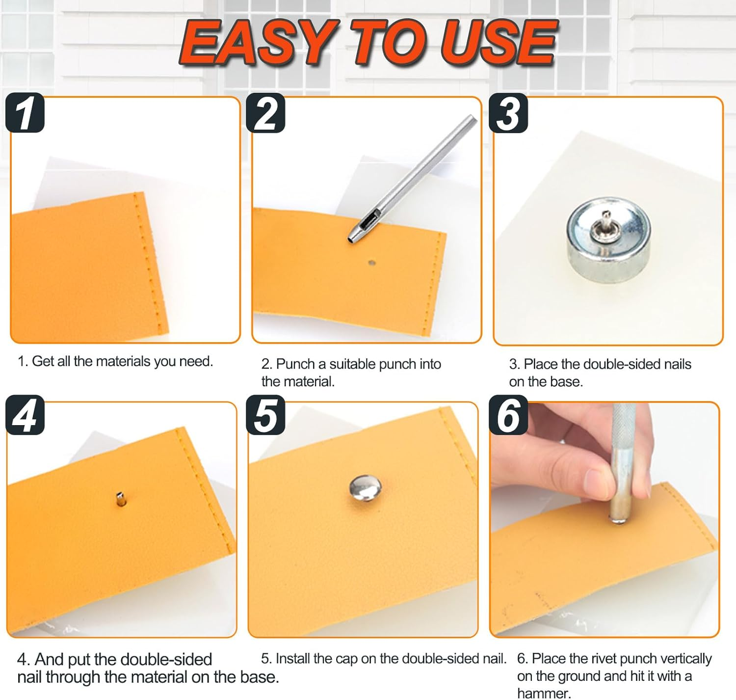 Tanstic 365Pcs Leather Rivets Kit, 3 Sizes 4 Colors Double Cap Rivets Flat Tubular Metal Studs with Rubber Hammer and Setting Tool Kit for Leather Craft Repair Decoration(Silver/Gun Black/Bronze/Gold) - C Kit image number 6