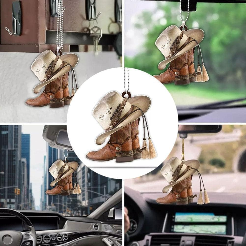1Pc Car Rear View Mirror Pendant,Charm Auto Interior Rearview Decor,Personalized Cowboy Boots and Hats Flat,Acrylic Car Hanging Ornament Auto Interior Mirrors Interior, Body and Trim,Replacement Parts image number 5