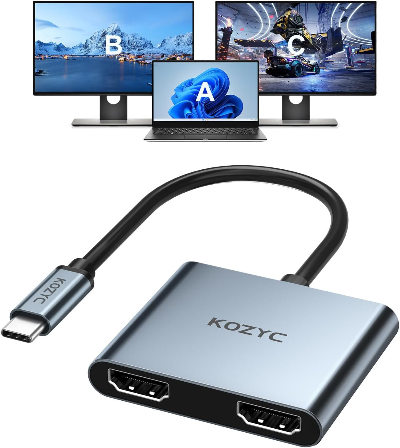 KOZYC USB C to Dual HDMI Adapter 4K@60Hz, Type C to HDMI Splitter Extended Display, Support Dual Monitors 4K 30Hz, Compatible with Macbook, Macbook Pro, Dell XPS (Only on Windows Support MST Mode) image number 1