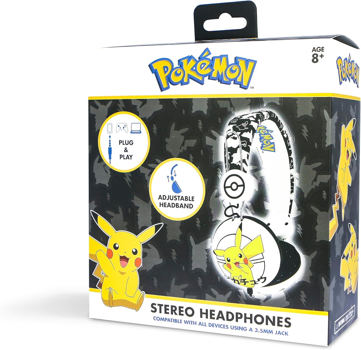 OTL Technologies Tween Kids Pokemon Pikachu Headphones (Foldable, Padded Headphones, Colourful Comic Design, for Boys and Girls) White/Black image number 3