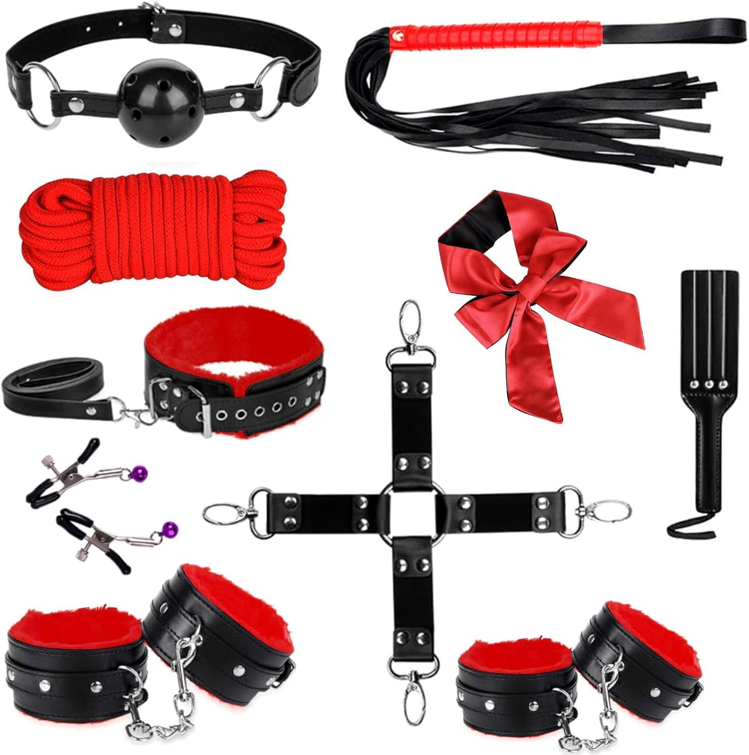 Sex Bondage BDSM Restraints Sex Toys 10 Pcs Set, SM Sex Toy Adult Toys Games Cuffs Gag Blindfold Spanking Paddle Safe Fetish Bed BDSM Kit Cuffs Nipple Clamps Ball Gag Rope Cosplay for Women Couples (Black&Red) image number 1